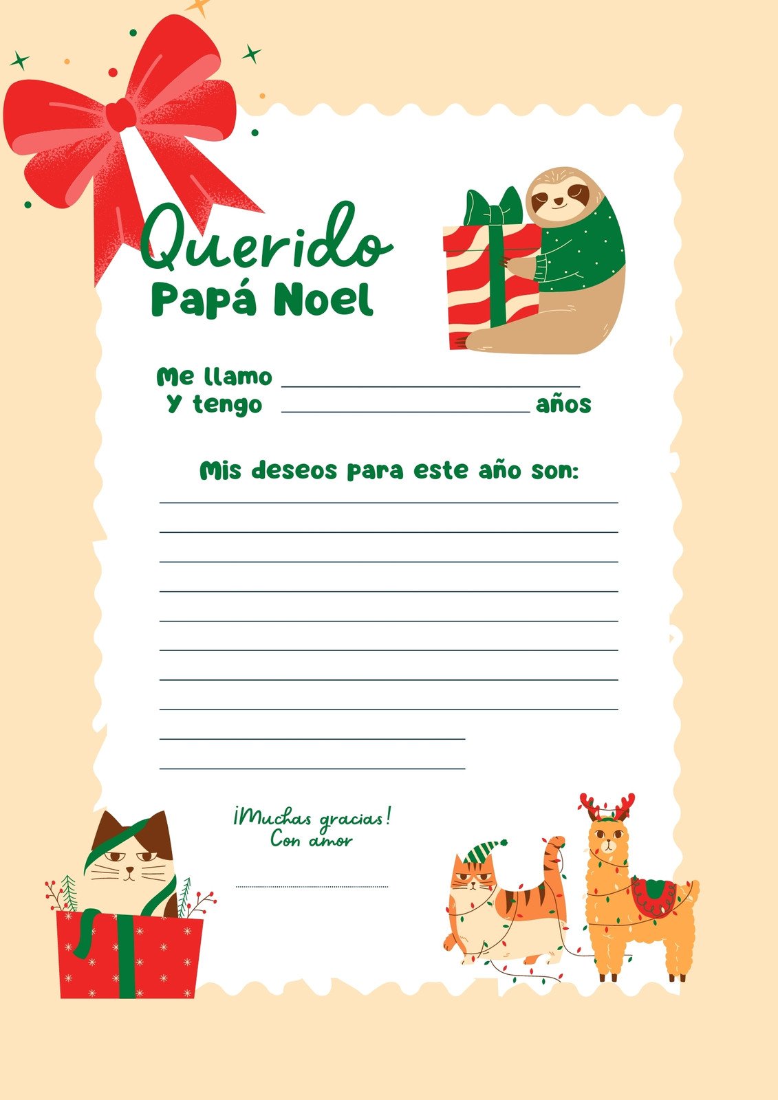Carta para Papá Noel Infantil Ilustrada Beige Rojo