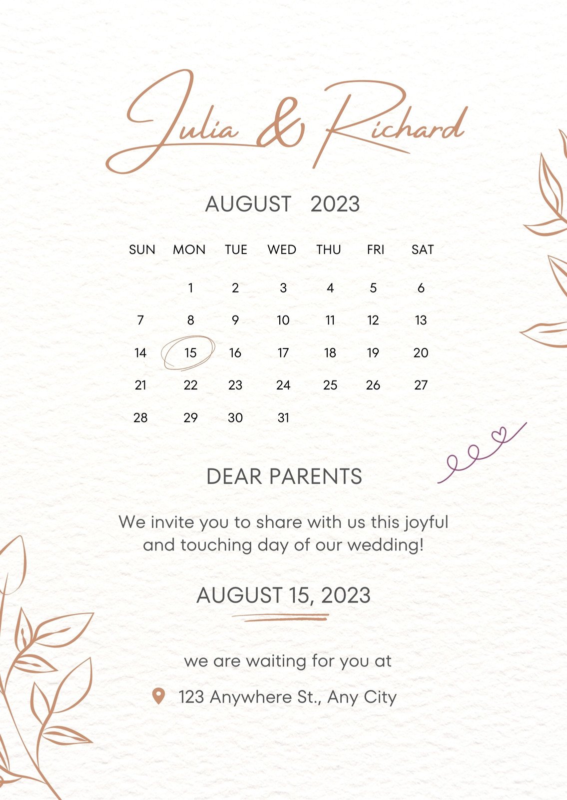 White And Beige Minimalistic Calendar Wedding Invitation