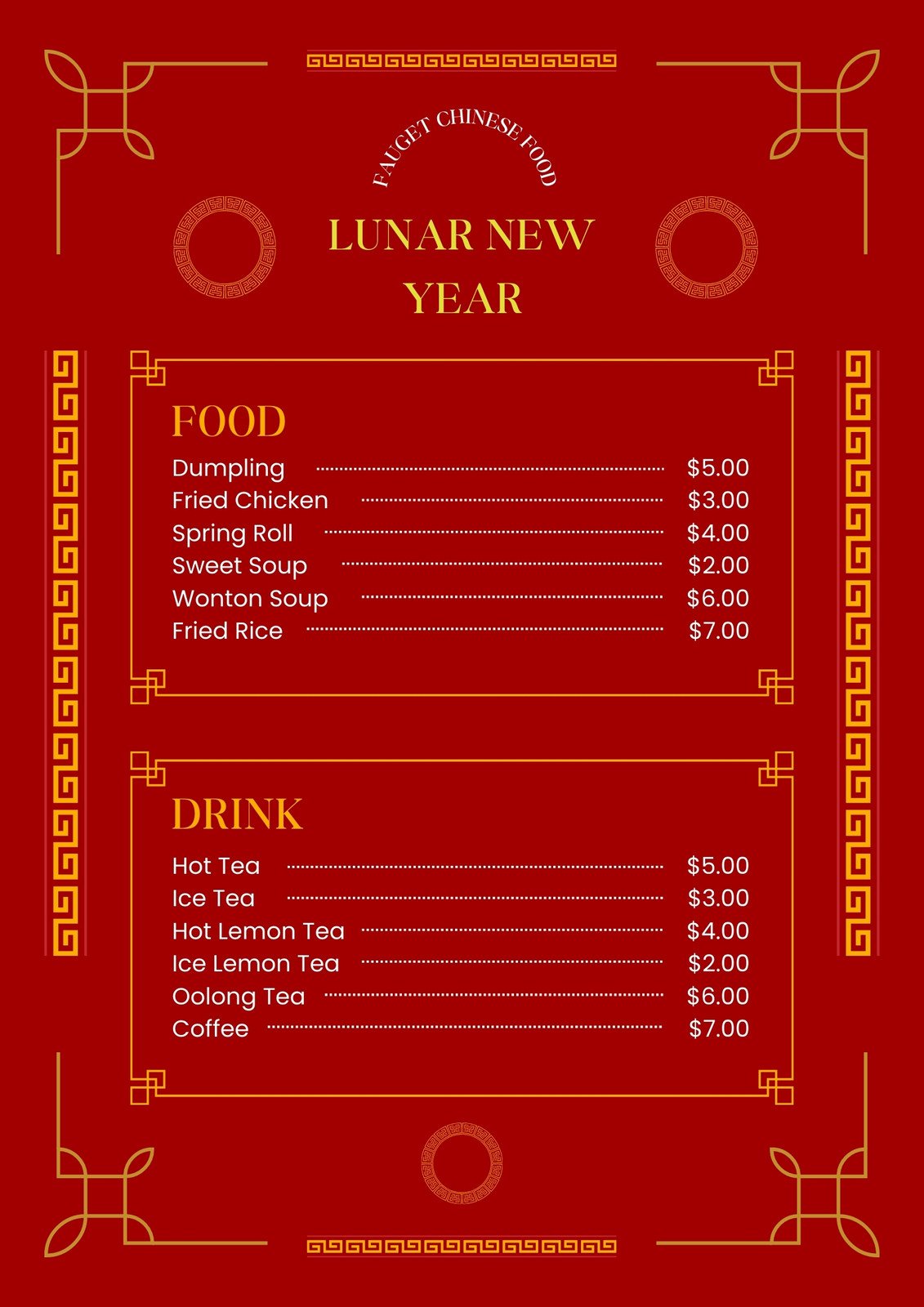 Tết Nguyên Đán is fast approaching and we know you want to make your restaurant stand out and attract more customers. That\'s why we have prepared free Lunar New Year menu templates for you! Our designs are eye-catching and reflect the joy and prosperity of the holiday. Download them now and make your menu shine! 