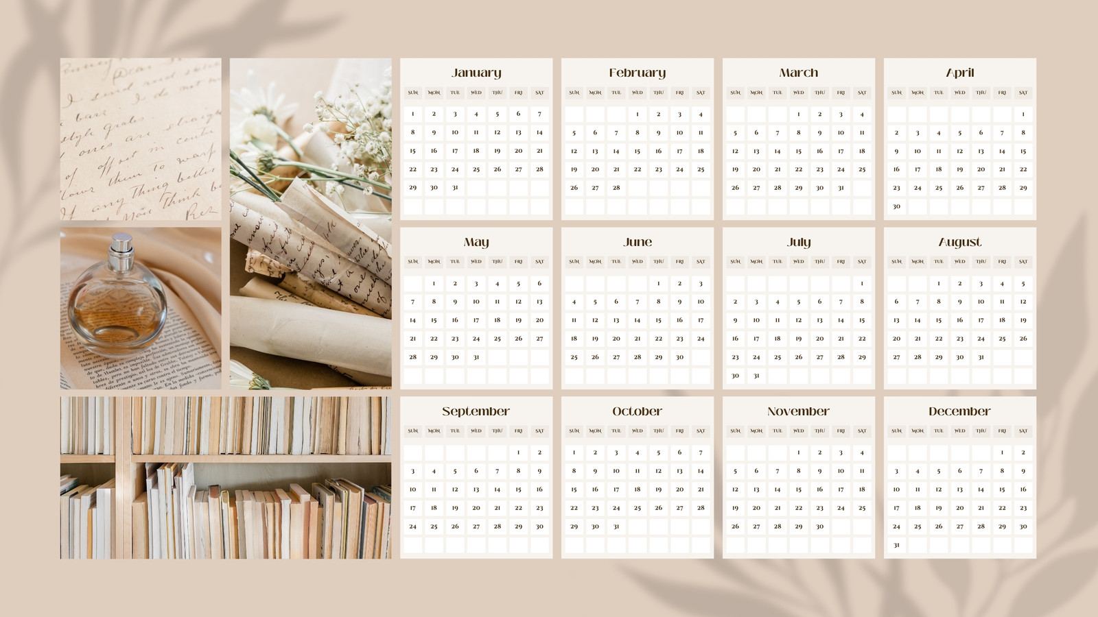 Beige Vintage Books and Papers Photo Calendar