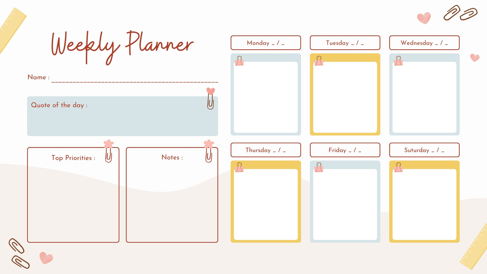 Soft Pastel Simple and Cute Weekly Planner Calendar