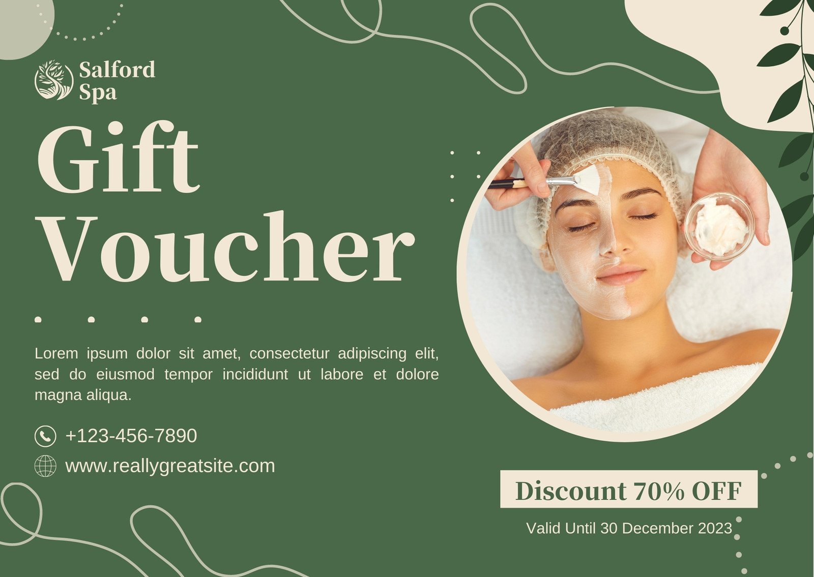 Green And Cream Abstract Floral Voucher Spa Gift Certificate