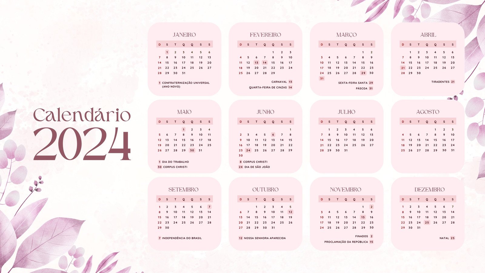 Calendário 2024 com feriados para imprimir: veja como baixar no Canva