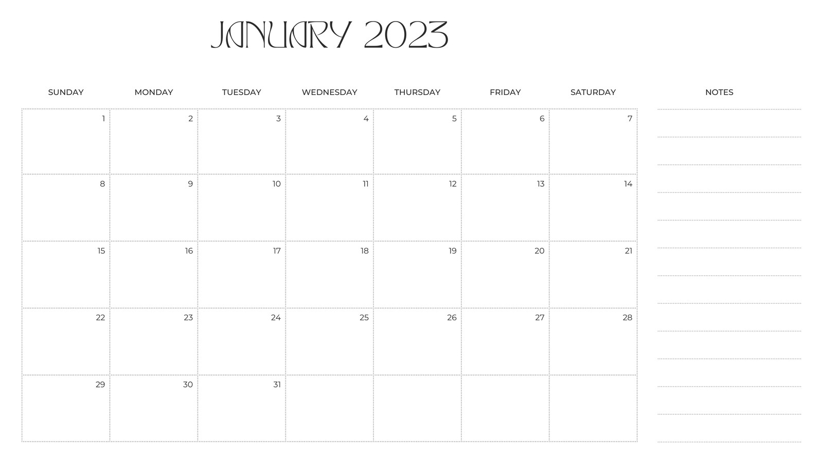 Black and White Simple Aesthetic 2023 Monthly Calendar