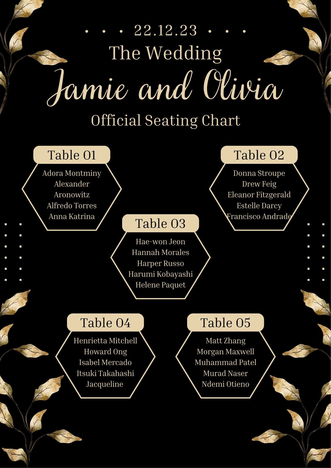 Black And Cream Modern Floral Wedding Seating Chart