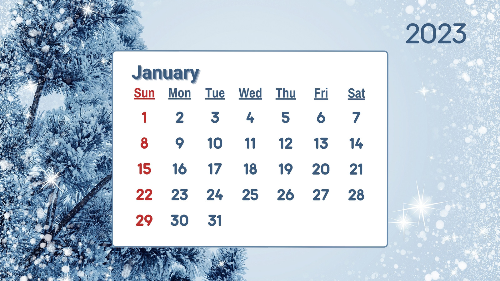 Blue White Minimalistic January 2023 Landscape Calendar