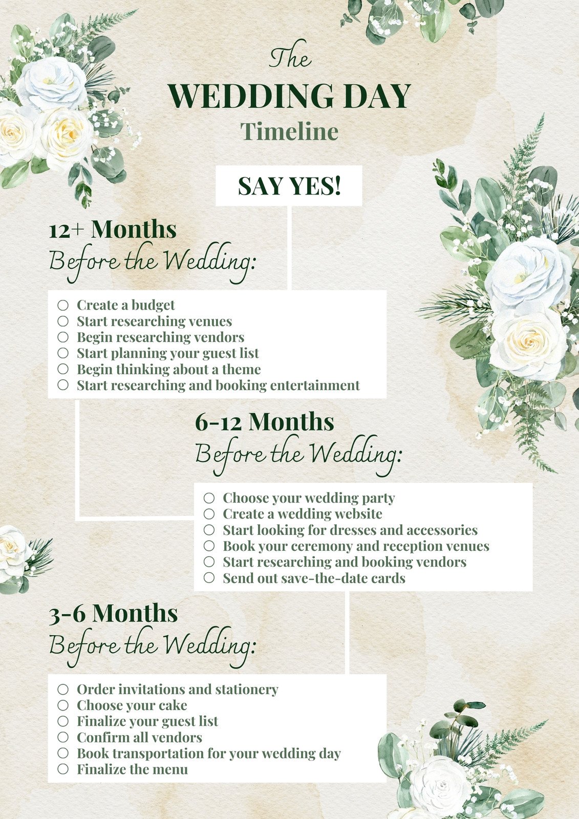 White and Beige Elegant Watercolor Roses Wedding Timeline Planner
