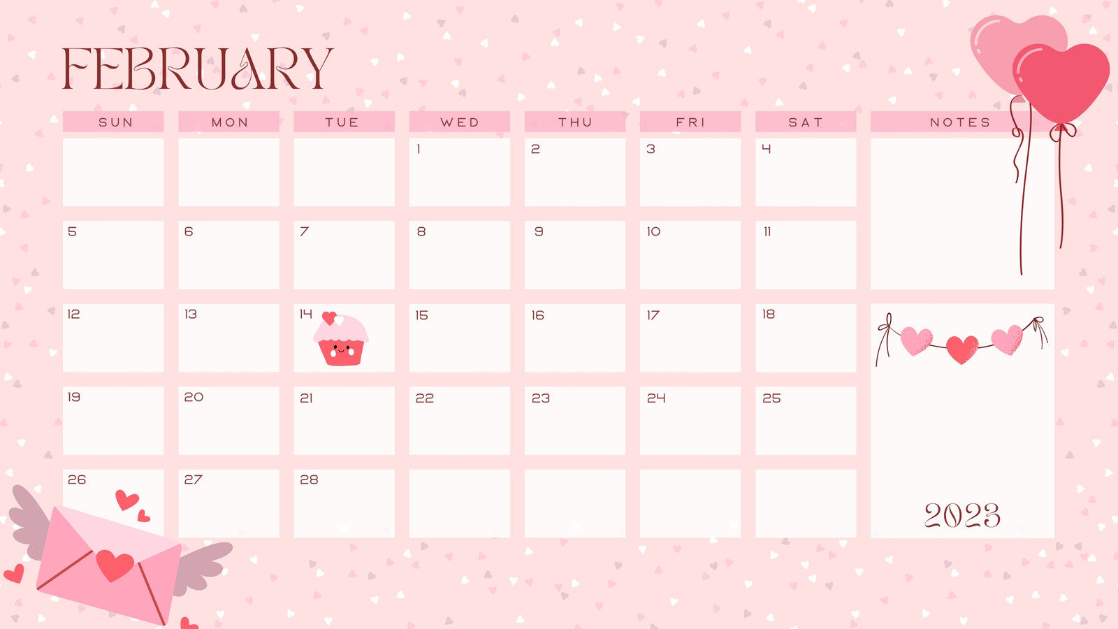 Pink Red Illustrative February 2023 Monthly Calendar