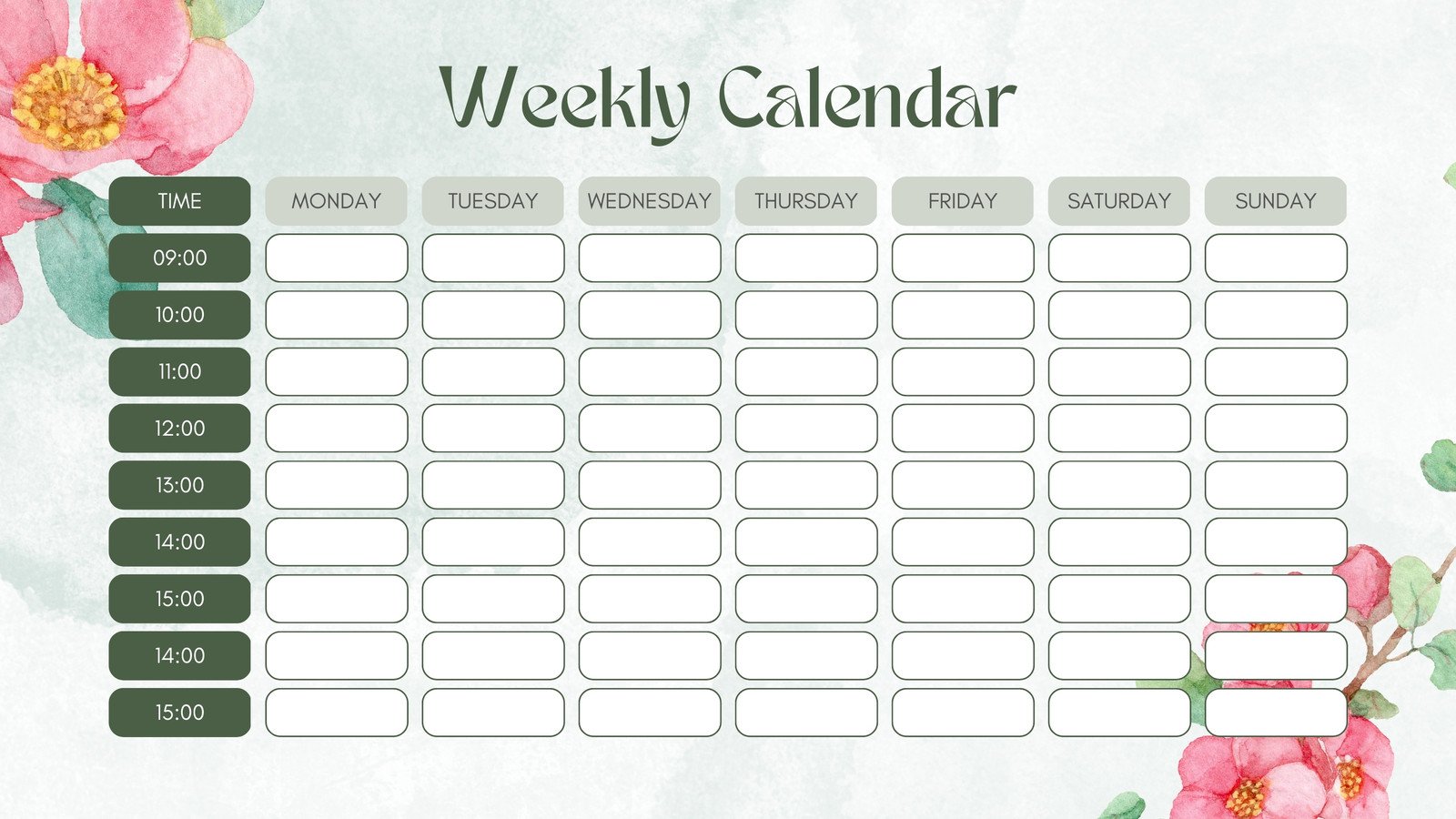 Green Pink Watercolor Weekly Planner Calendar