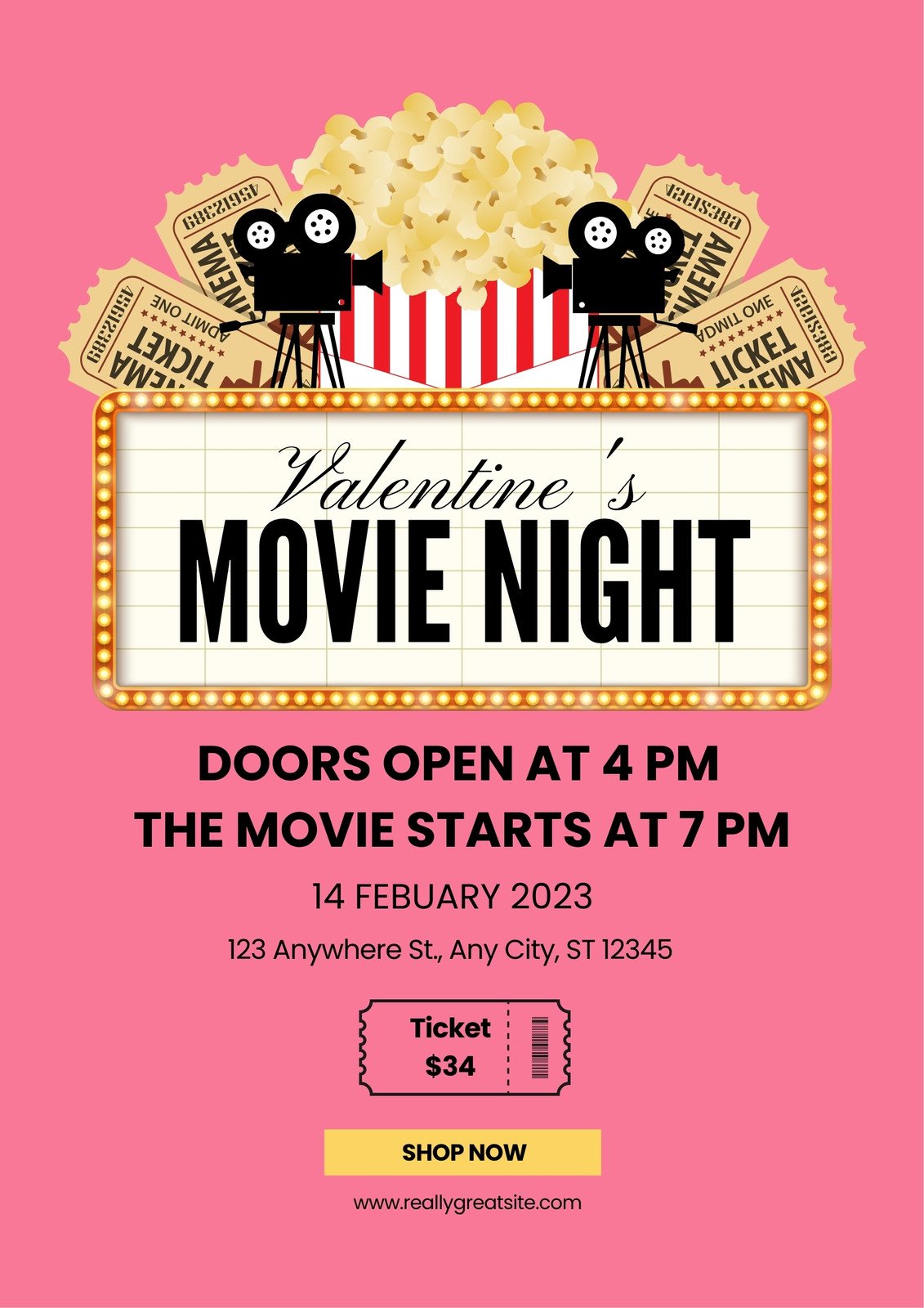 Pink Modern Valentine's Movie Night Poster