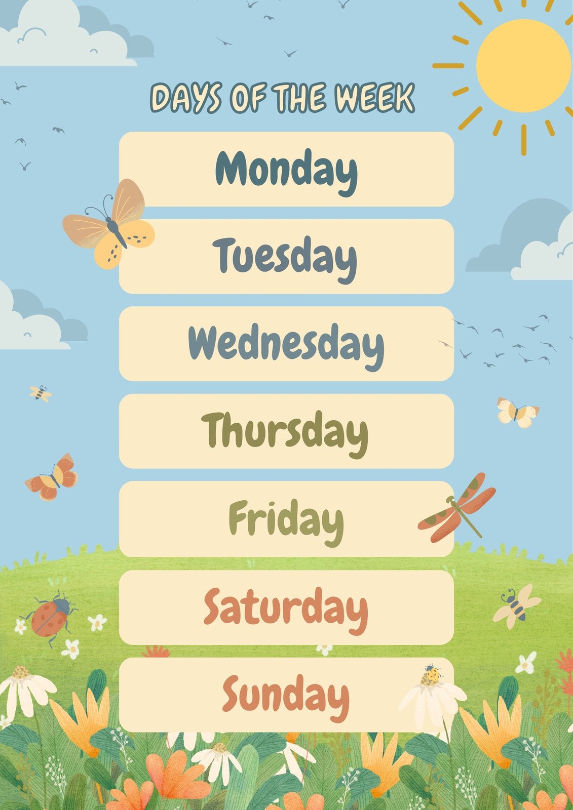 Colorful  Illustrated English Spring Days of the Week Classroom Poster
