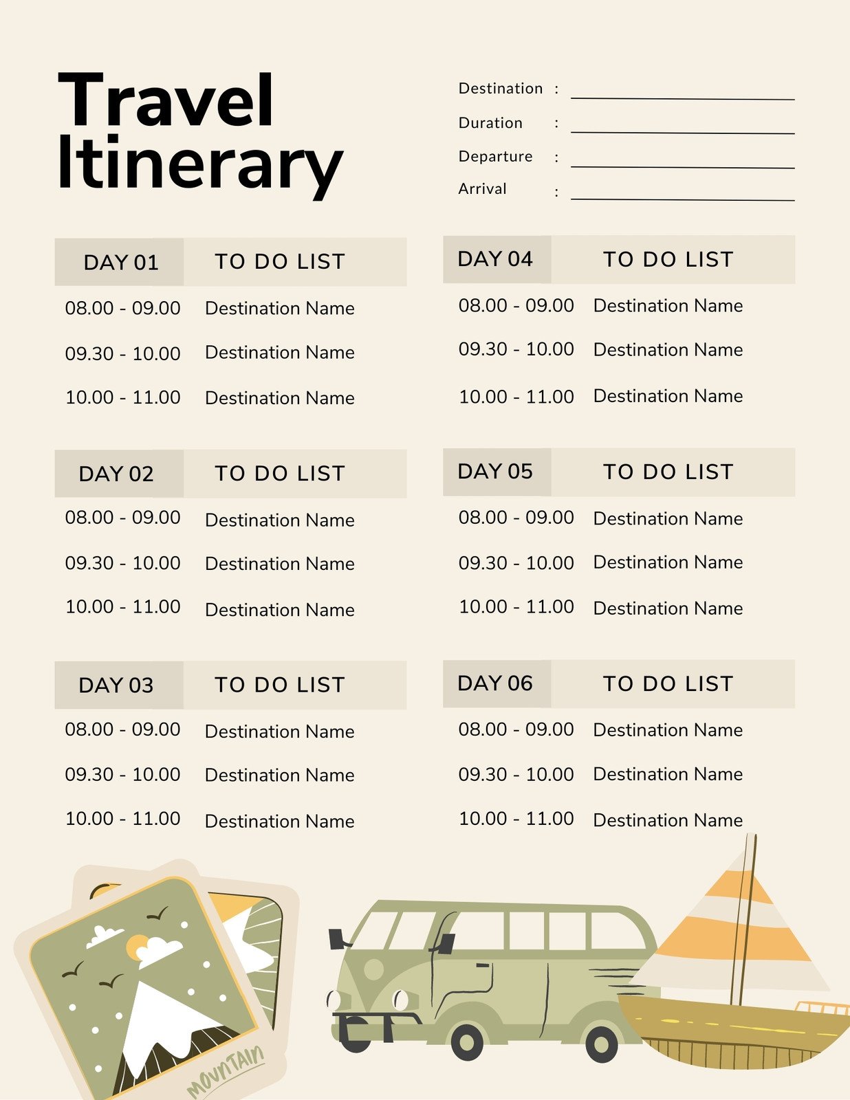 Beige and Cream Modern Travel Itinerary Planner