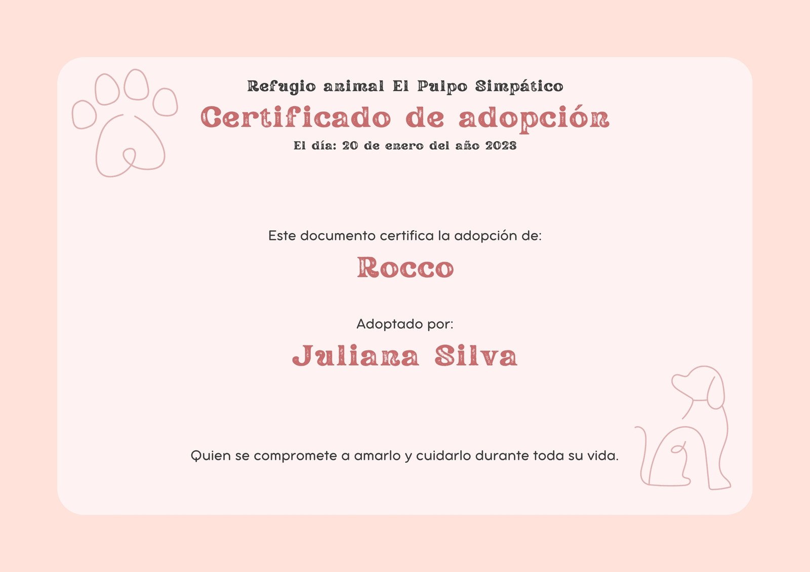 certificado de adopción para mascota gato o perro en color rosa con corazones