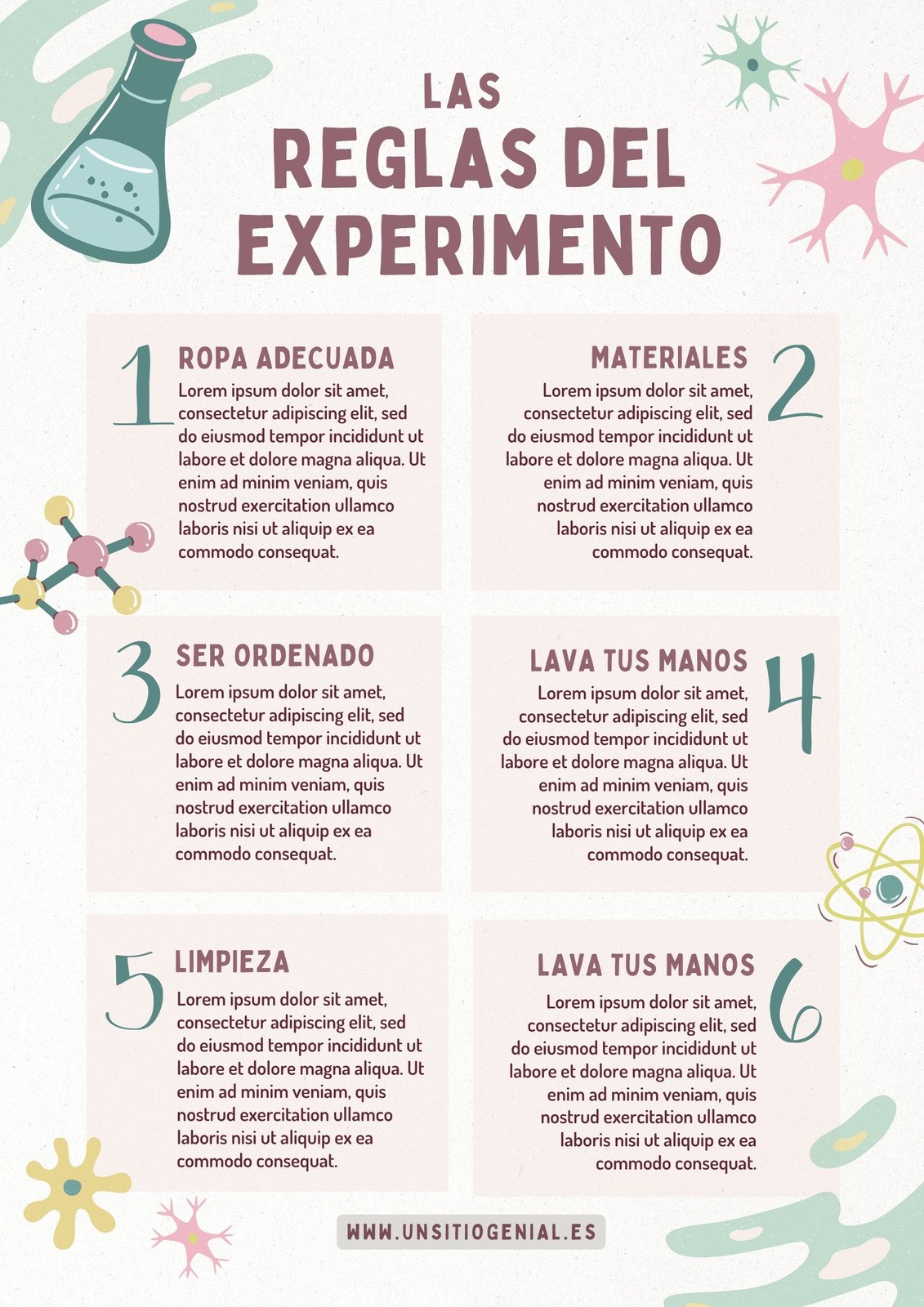 Poster Cartel Infografía de datos Reglas de Experimento Científico Informativo Rosa y Verde
