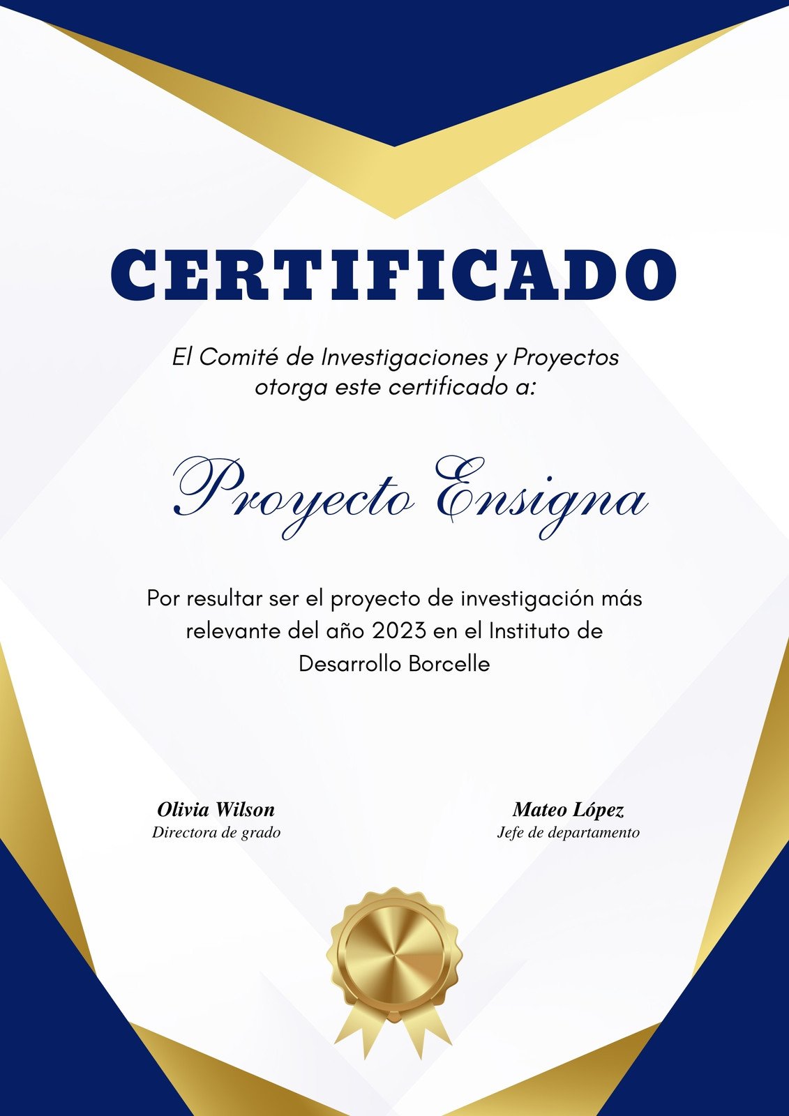 Certificado Vertical Premio Diploma Reconocimiento Proyecto Participación Clásico Elegante Profesional Azul Dorado y Blanco