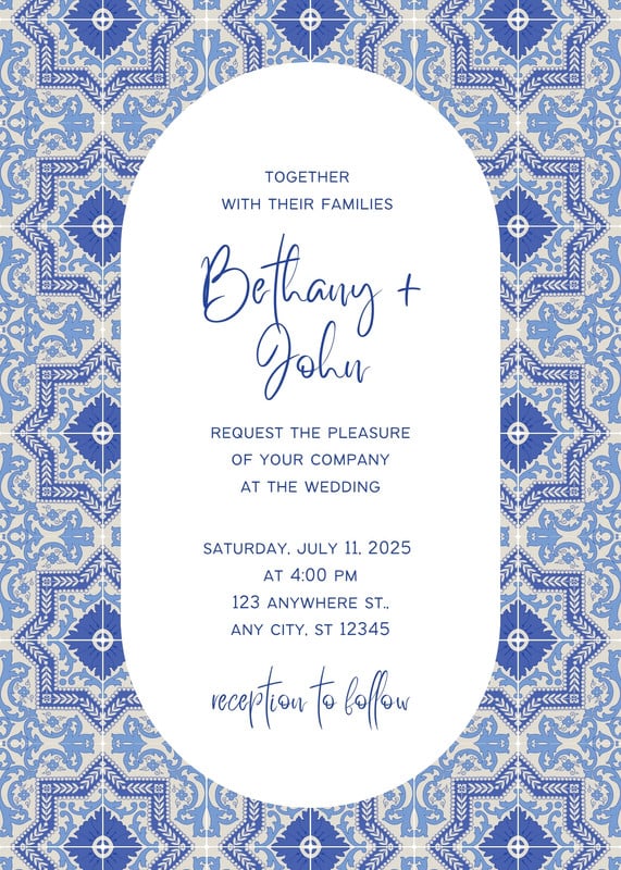 Blue Boho Mediterranean Tiles Wedding Invitation