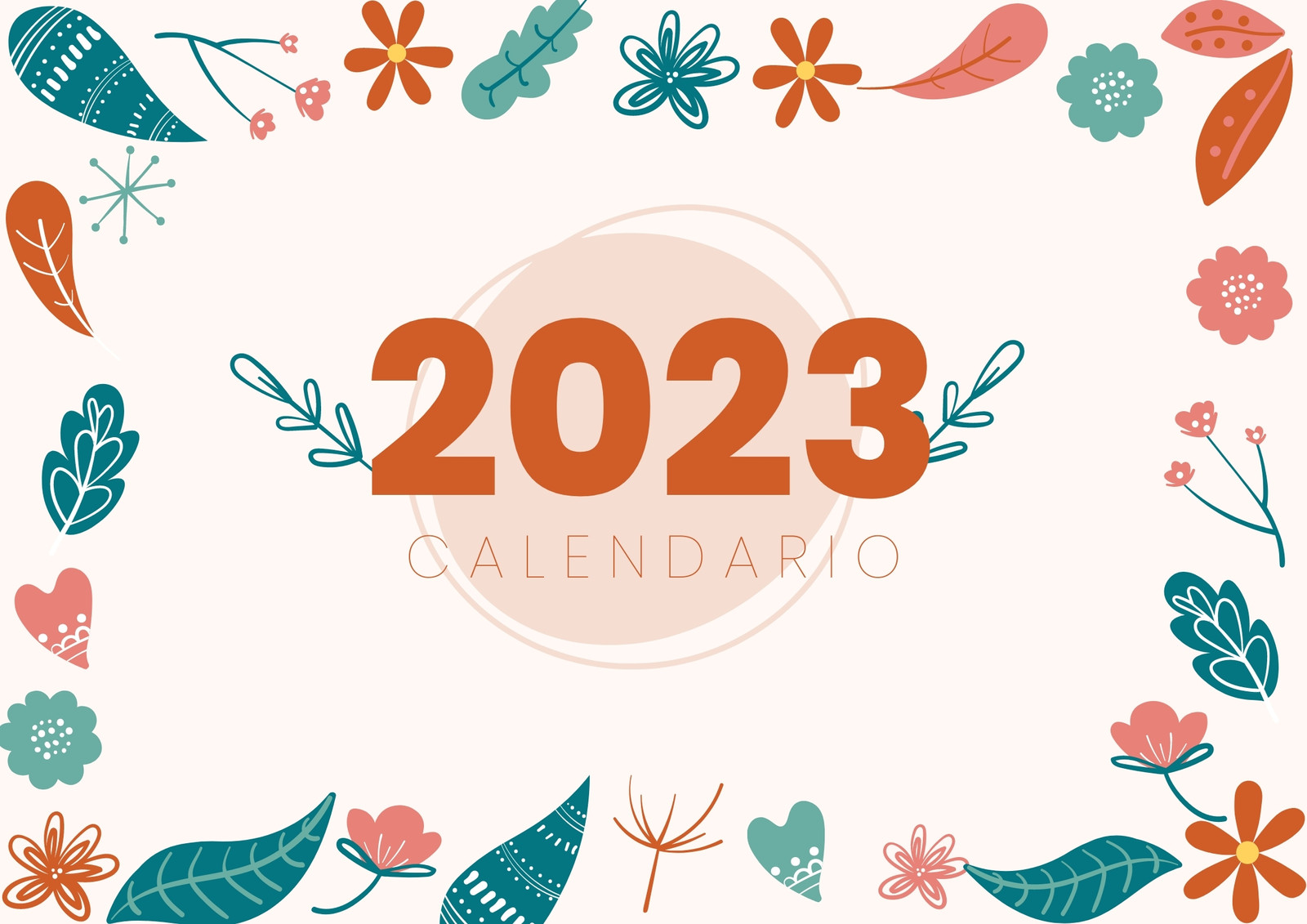 Calendario para pared A4 horizontal calendario 2023 flora ilustrada colores naranja verde rosa turquesa