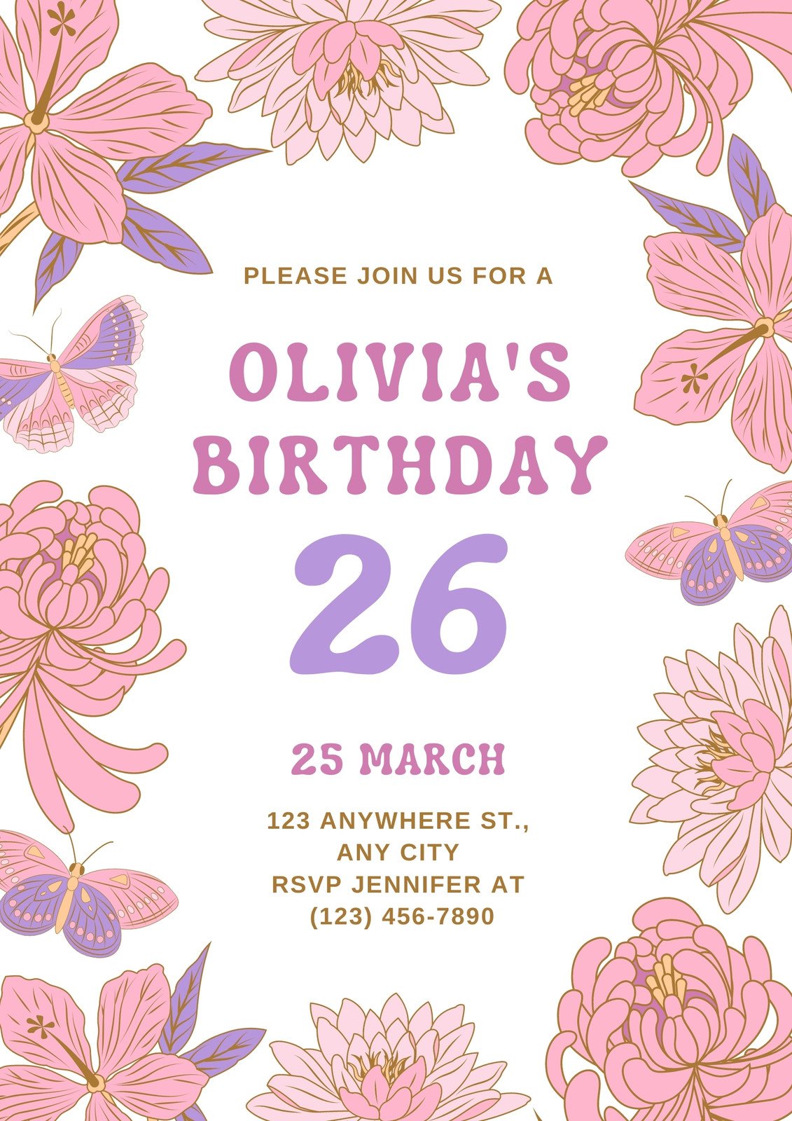 Pink Lilac Soft Simple Illustrated Flower And Butterfly Birthday Invitation Flyer