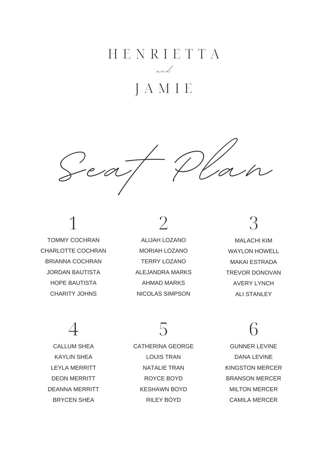 White Posh Minimalist Calligraphy Wedding Seating Chart