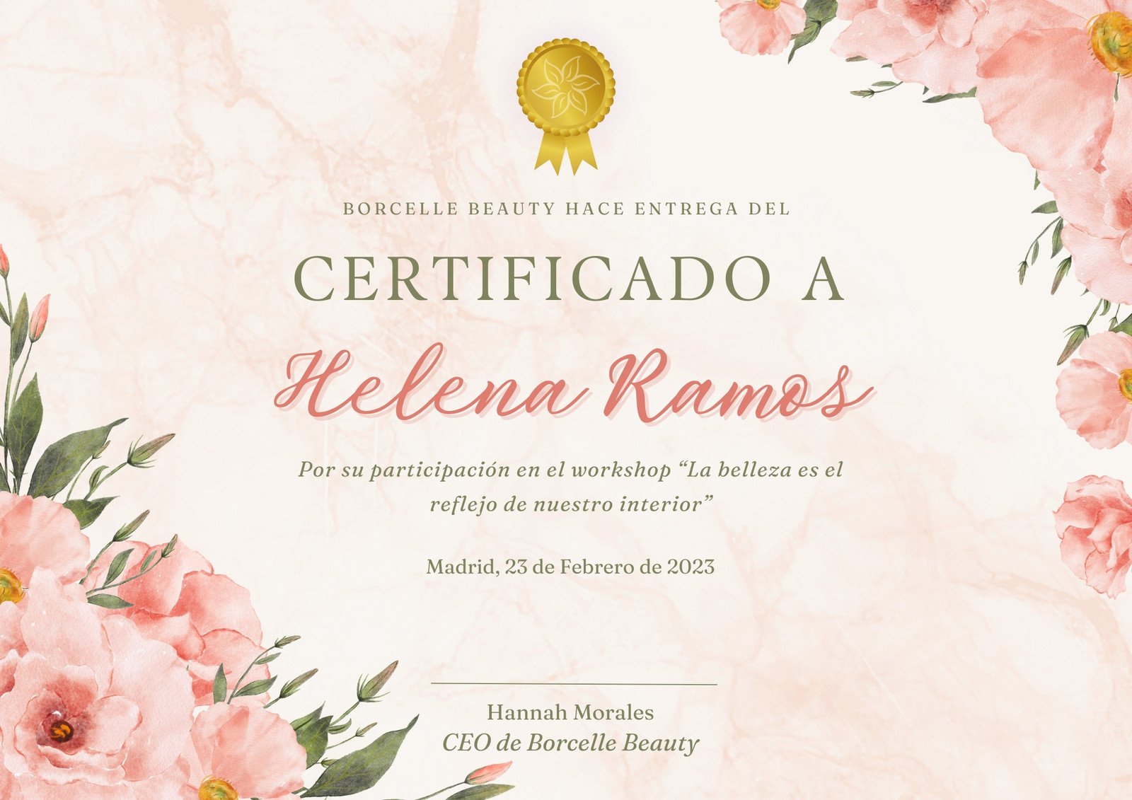 Certificado workshop de belleza floral rosa verde beige dorado