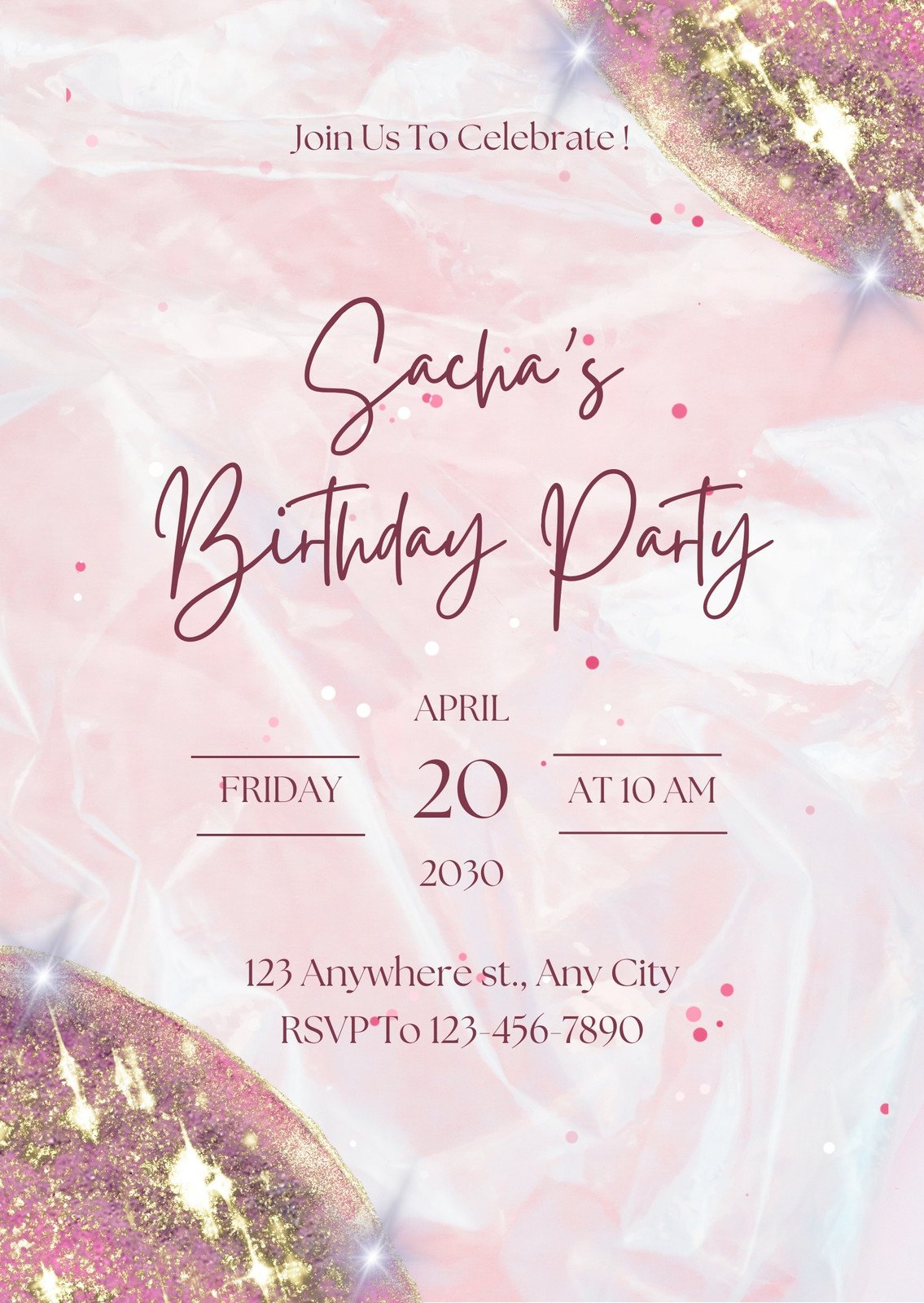 Pink and White Watercolor Birthday Party Invitation