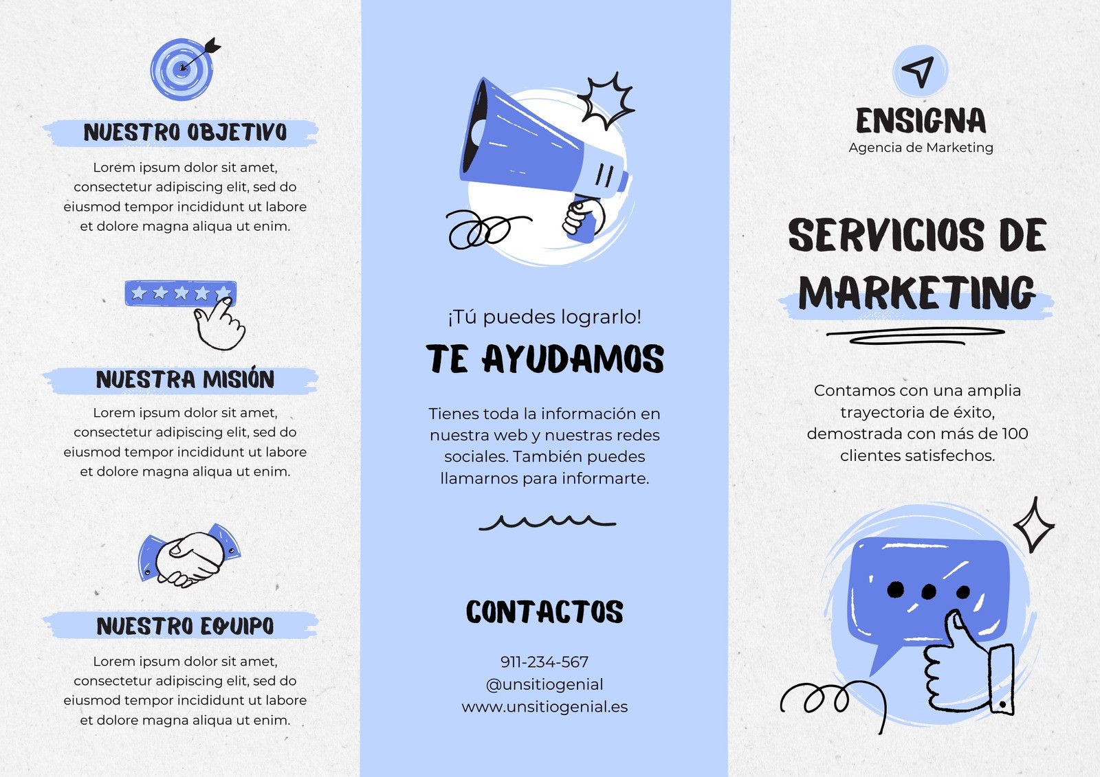 Folleto de Servicio de Marketing Agencia Creativa Ilustrado Doodle Azul y Blanco