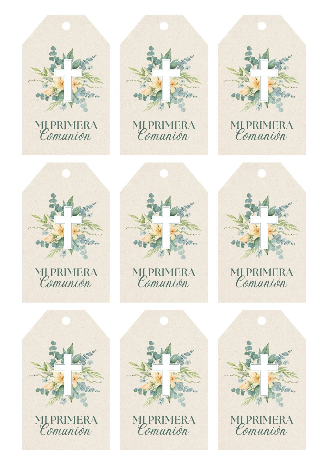 Documento A4 Etiquetas Para Imprimir Mi Primera Comunión Ilustrativa Elegante Beis, Verde y Blanco