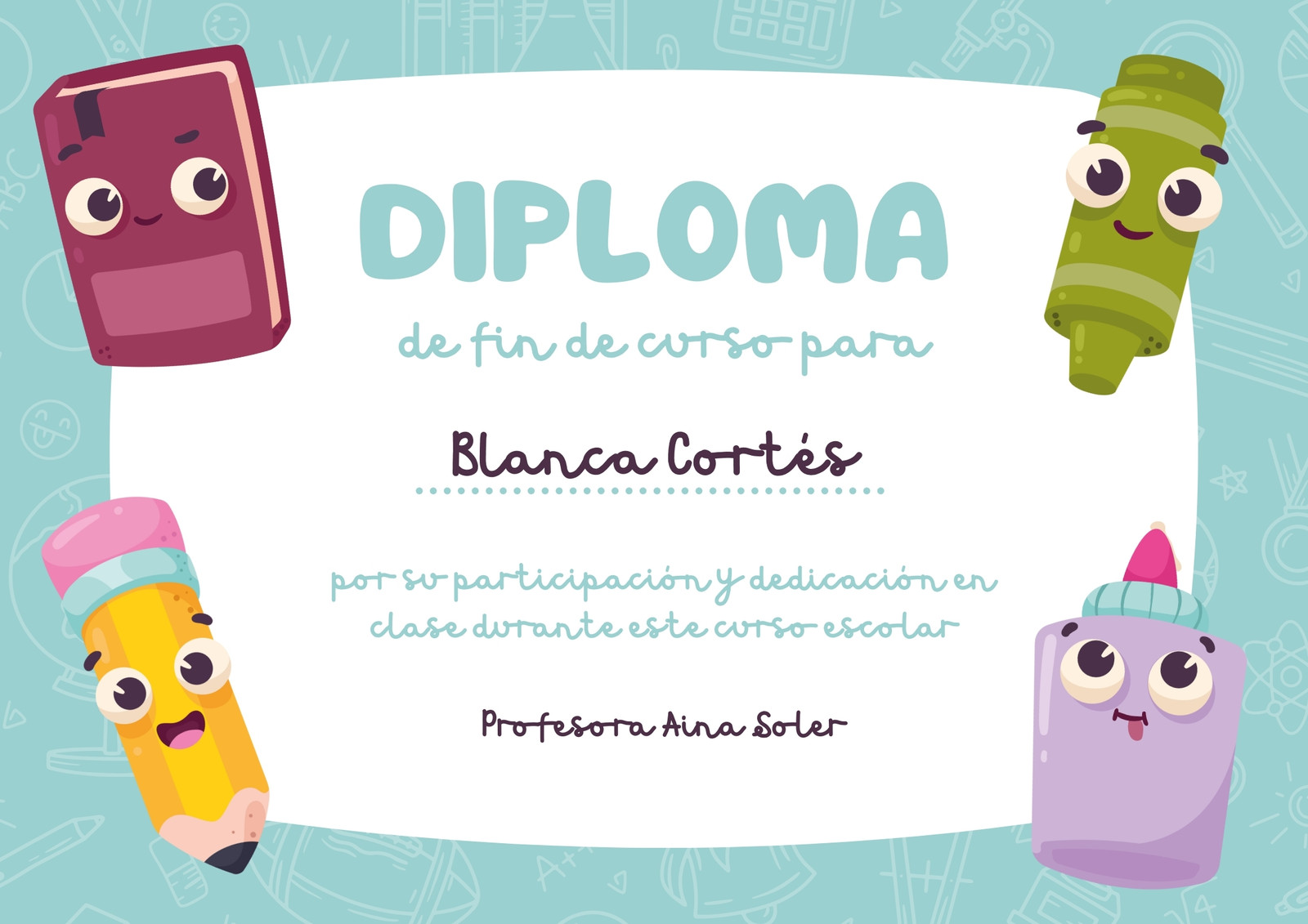 Certificado Diploma fin de curso Infantil Turquesa