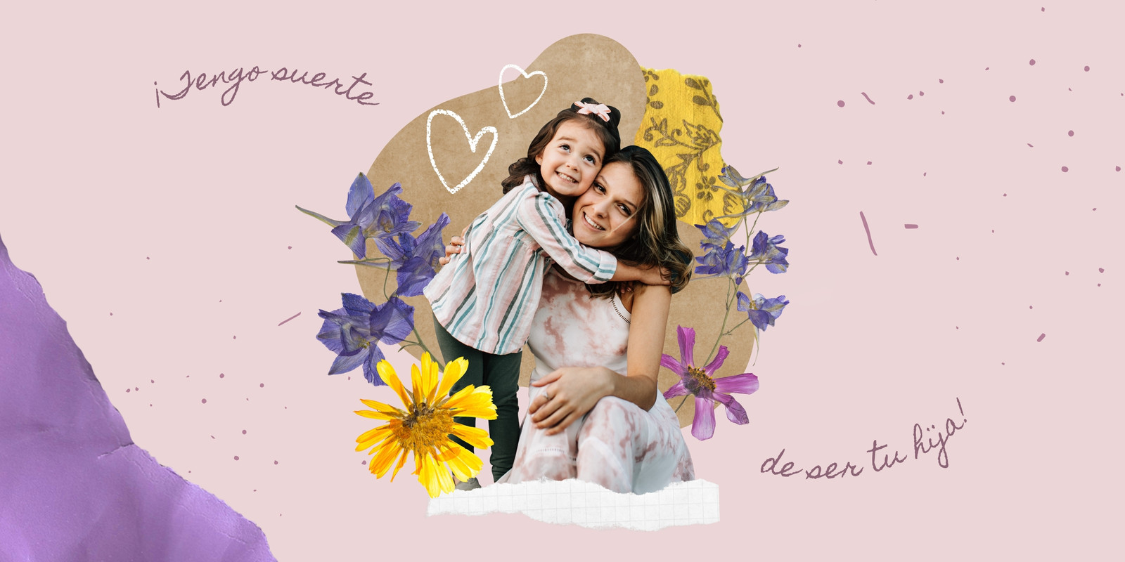 Rosa y Morado Femenino Álbum de Recortes/Collage General Felicitación Horizontal Tarjeta del Día de la Madre