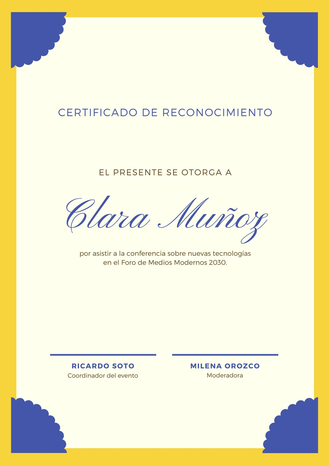 Azul y Amarillo Clásico Tipográfico con Marco Certificado de Asistencia