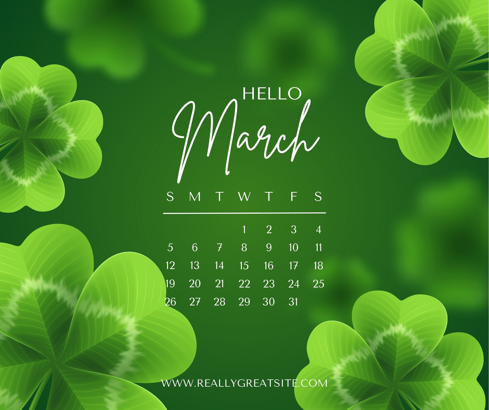 Hello March. Green clover leaves as background Stock Photo