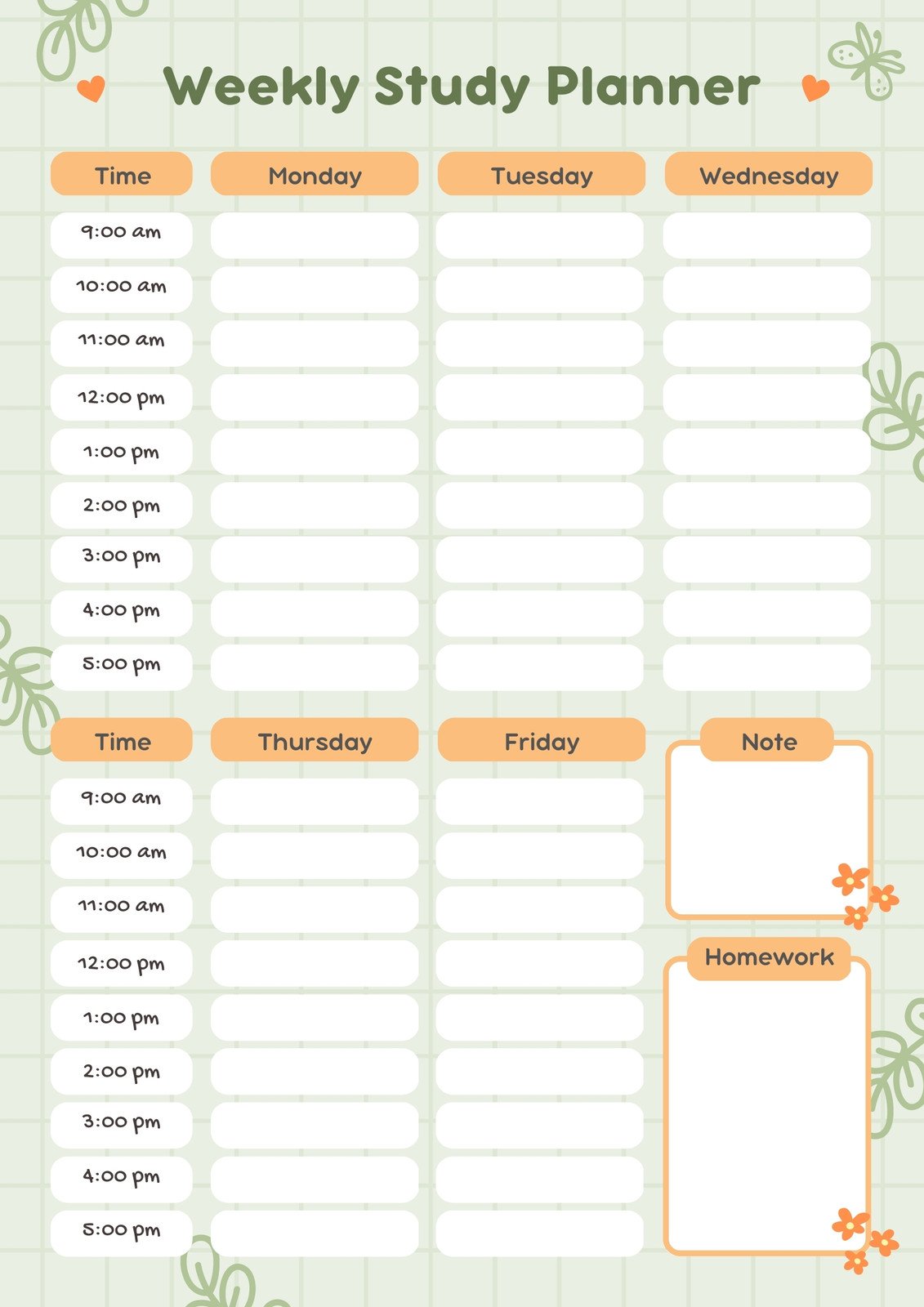 Green Cute Playful Doodle Weekly Study Planner