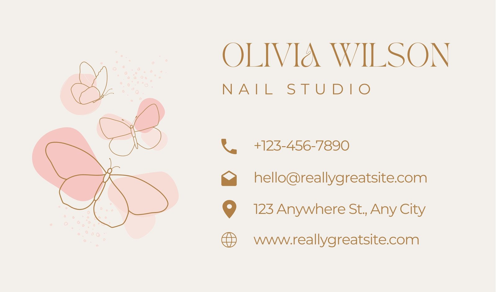 Pink & Gold Illustrated Watercolor Butterflies Nail Studio Business Card