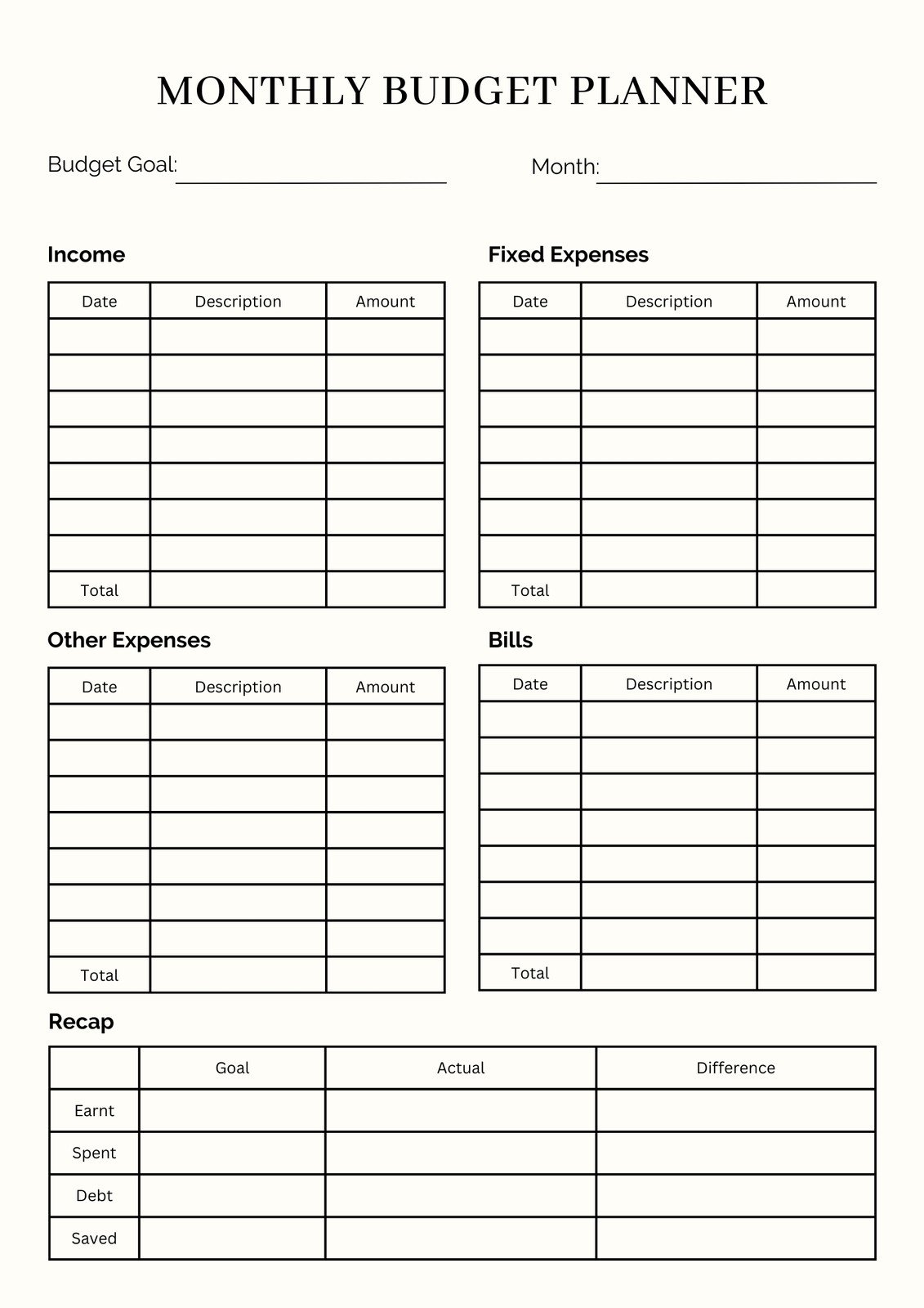 personal sized planner budget goals templates free