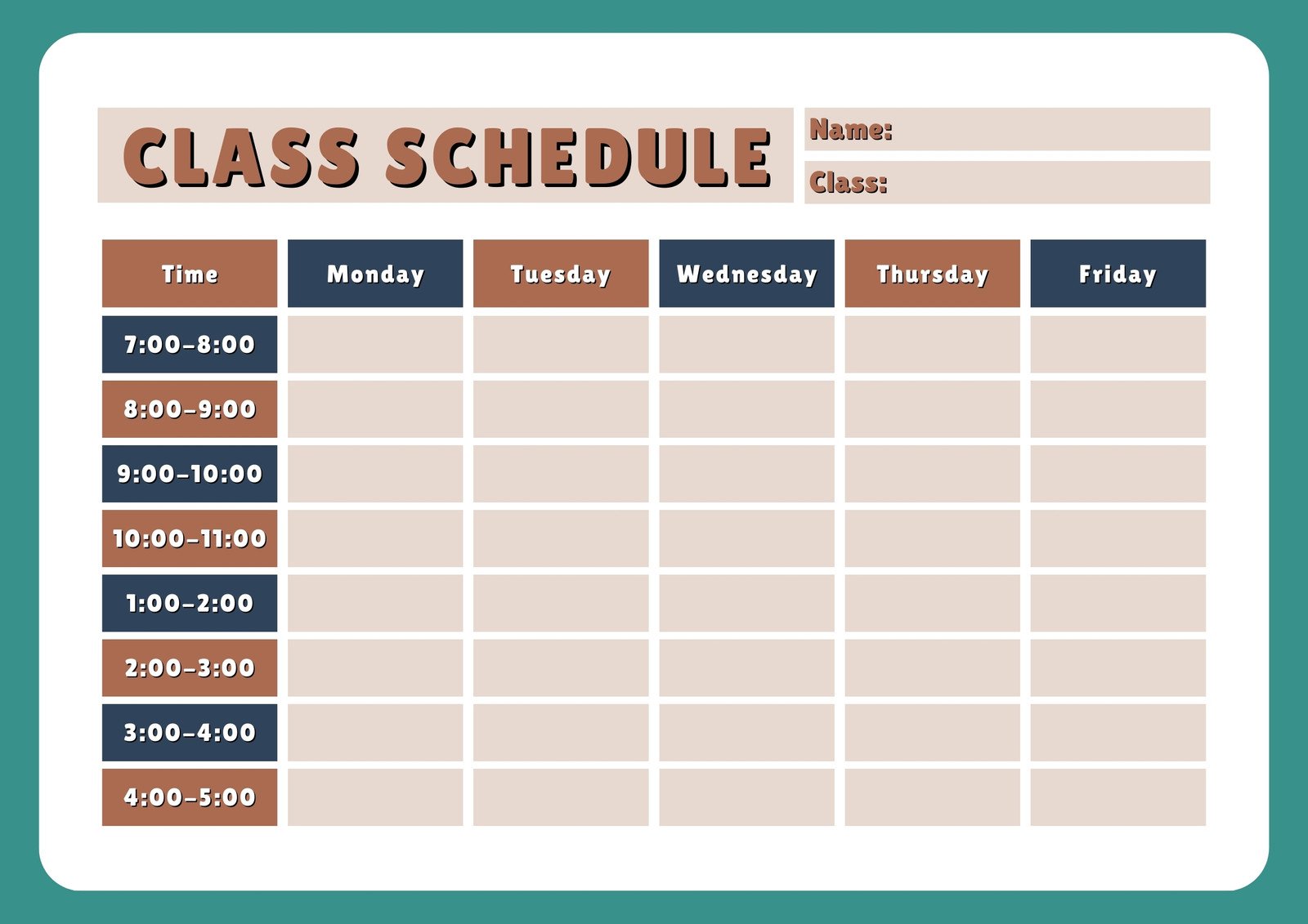 Blue-Brown Simple Weekly Class Schedule