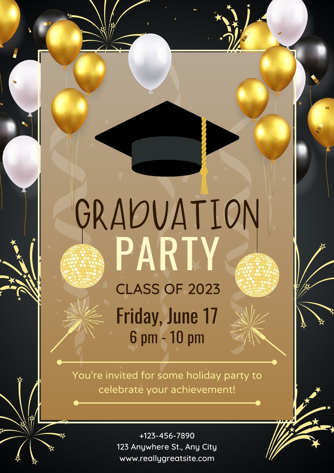Golden And Black Illustrated Happy Graduation Day Party Invitation Flyer