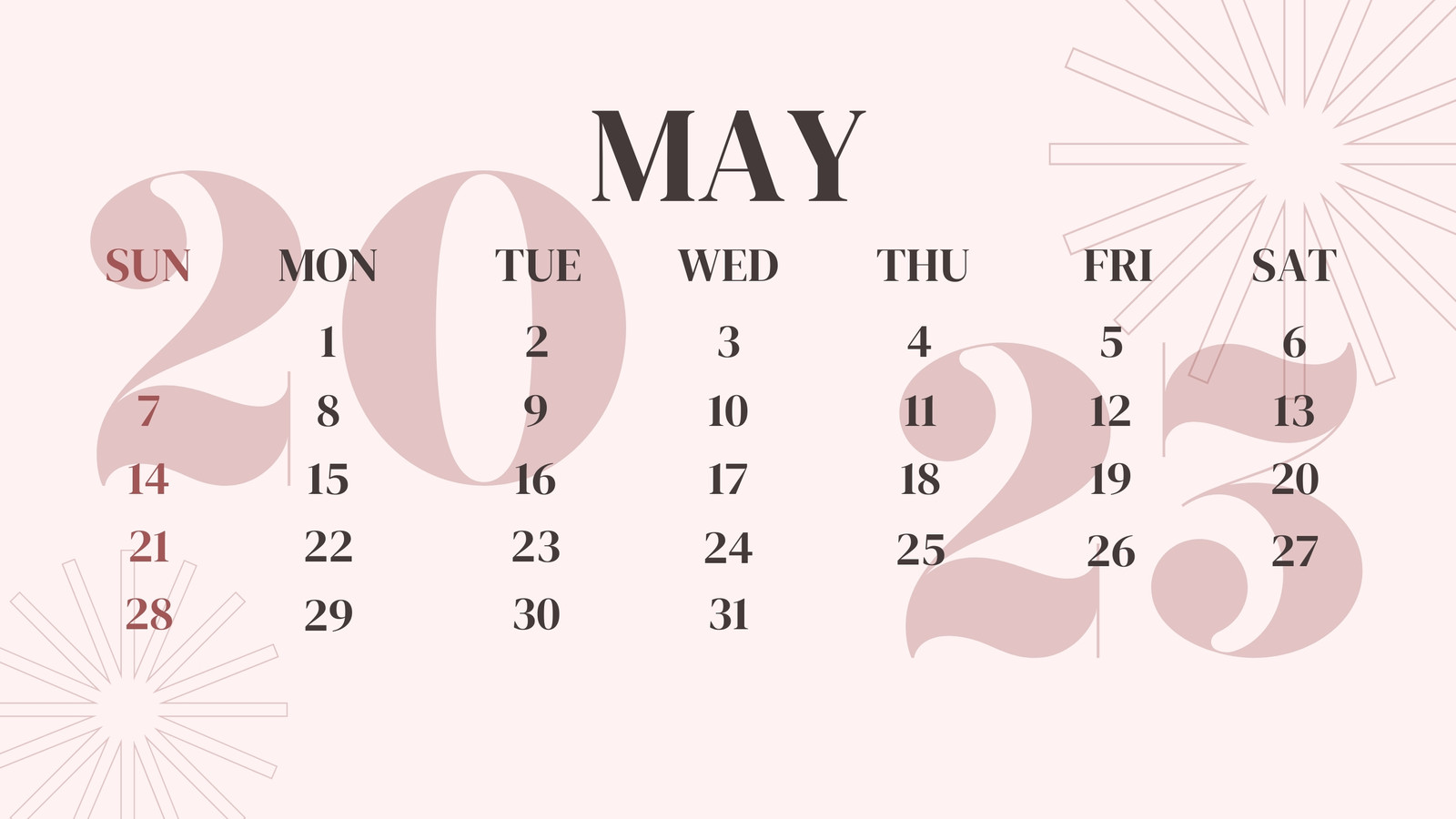 Pink Minimalist May 2023 Monthly Calendar