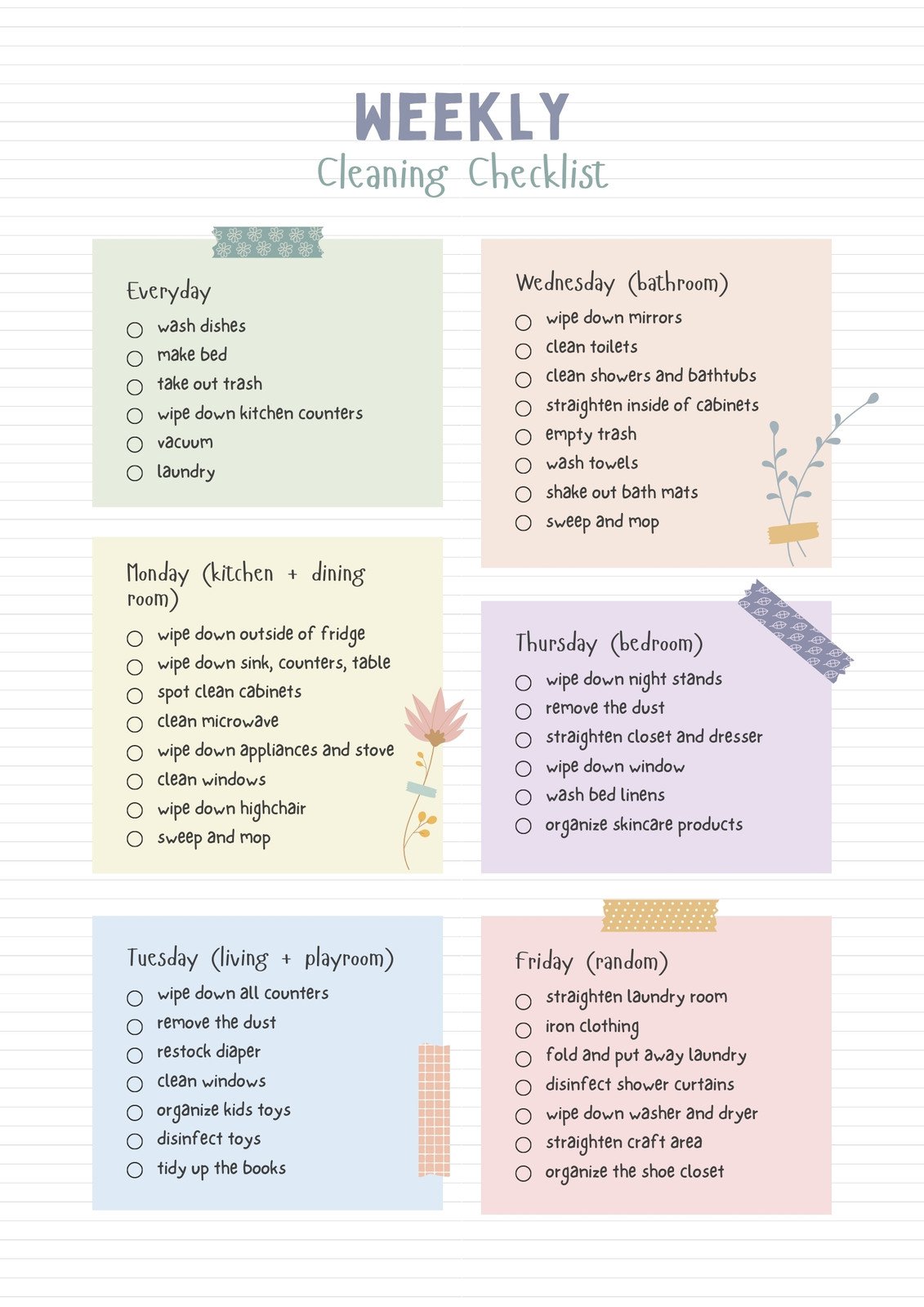 Colorful Sticky Note Weekly Cleaning Checklist Document