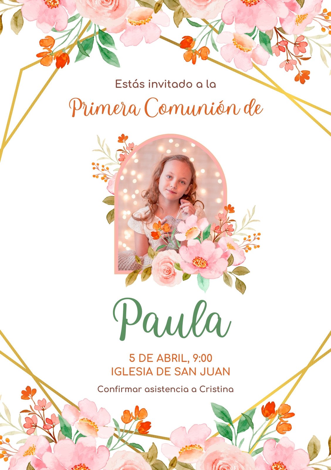 Invitación para Primera Comunión con flores Acuarela Rosa pastel
