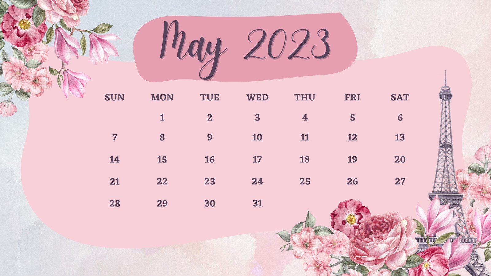 Pink Watercolor May 2023 Monthly Calendar