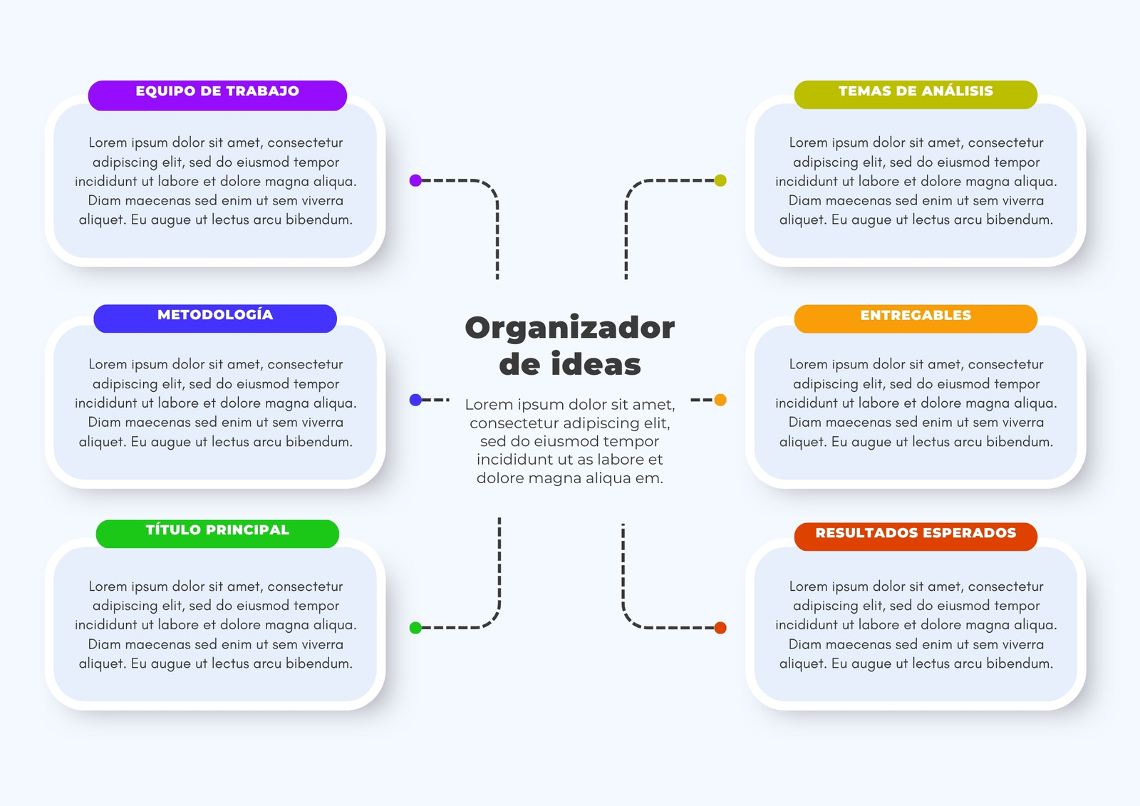 Organizador Gráfico Idea Central y Seis Ideas Secundarias Relacionadas con Flechas Moderno Profesional Blanco y Multicolor