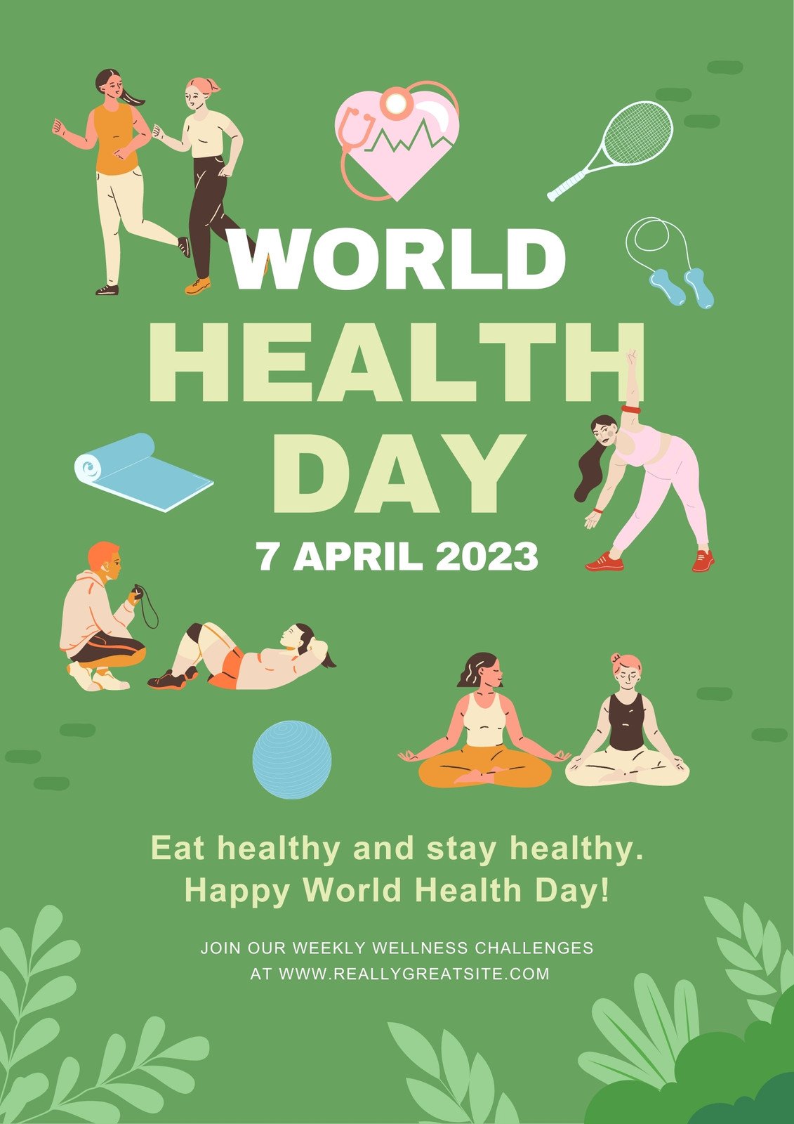 Green Lively Illustrated World Health Day Poster