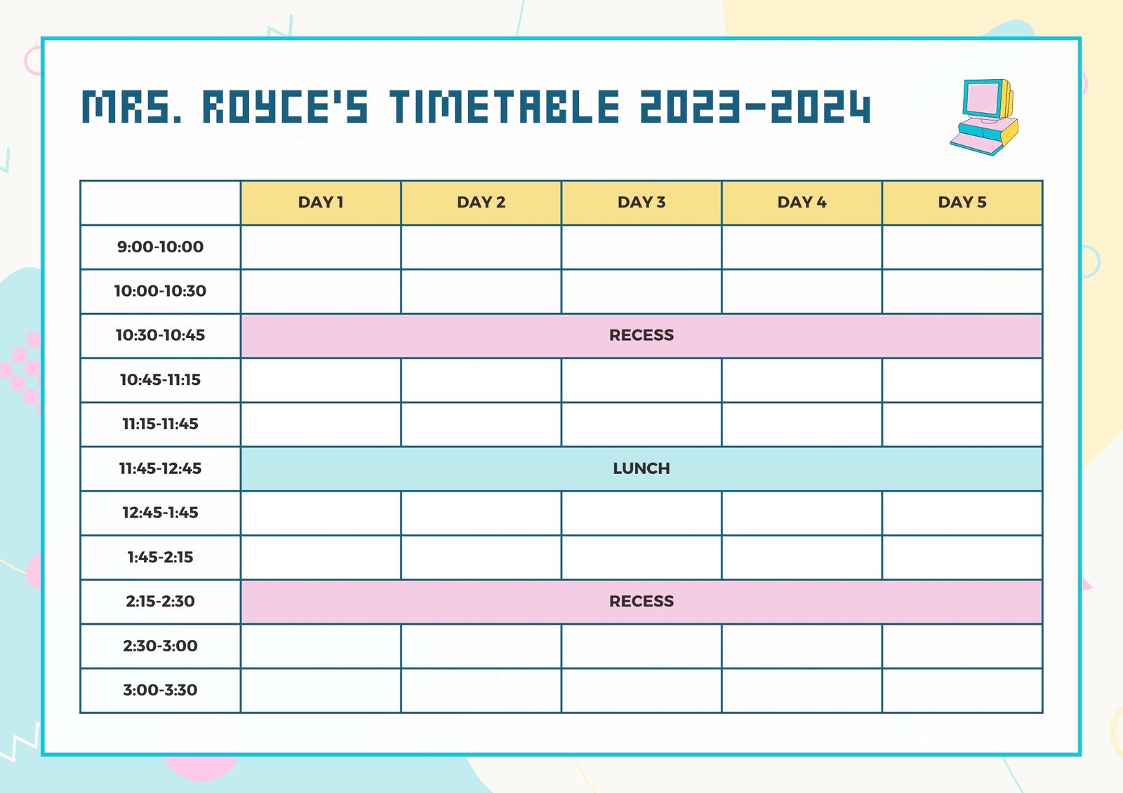 Teacher Timetable Class Schedule Pink and White Retro