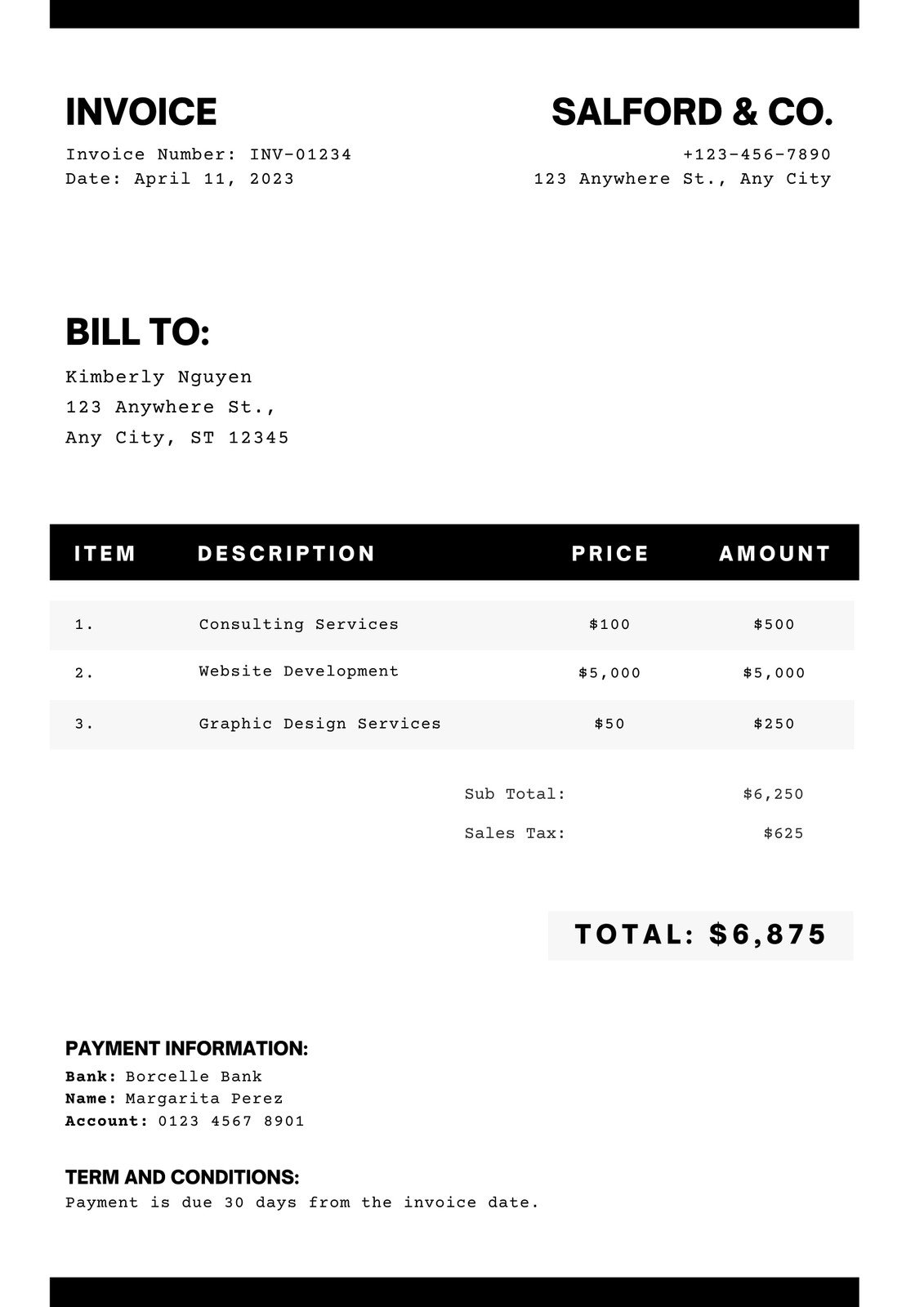 Black and White Clean Modern Invoice