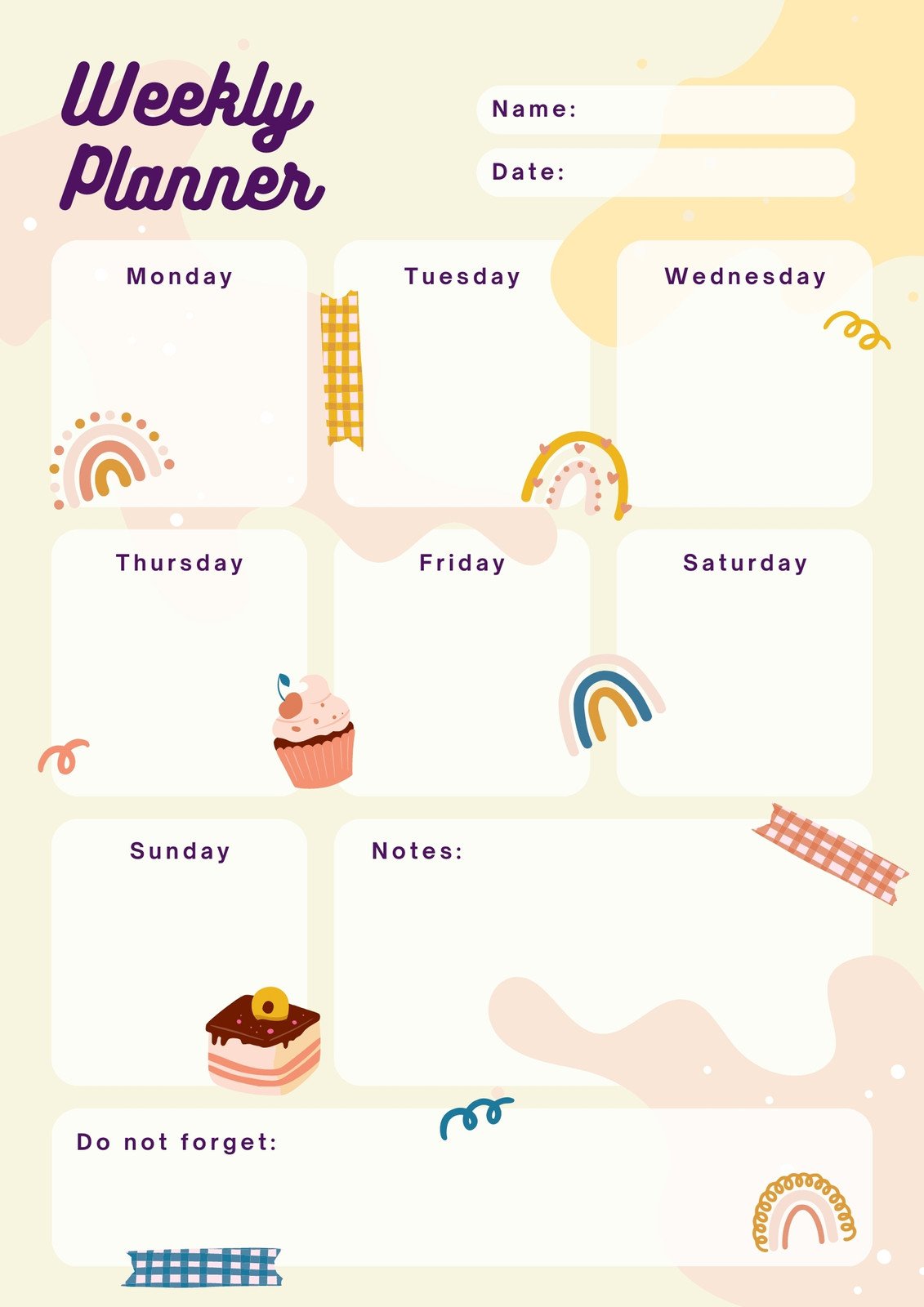 Yellow Cute Colorful Illustrated Weekly Schedule Planner