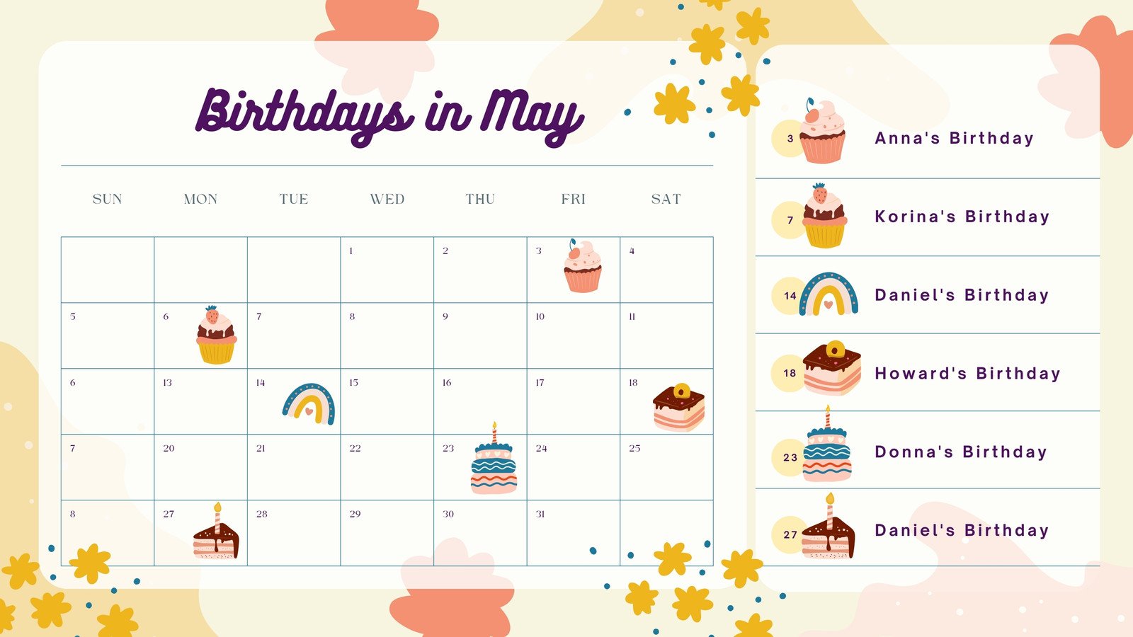 Yellow Pink Colorful Cute May 2024 Birthday Calendar
