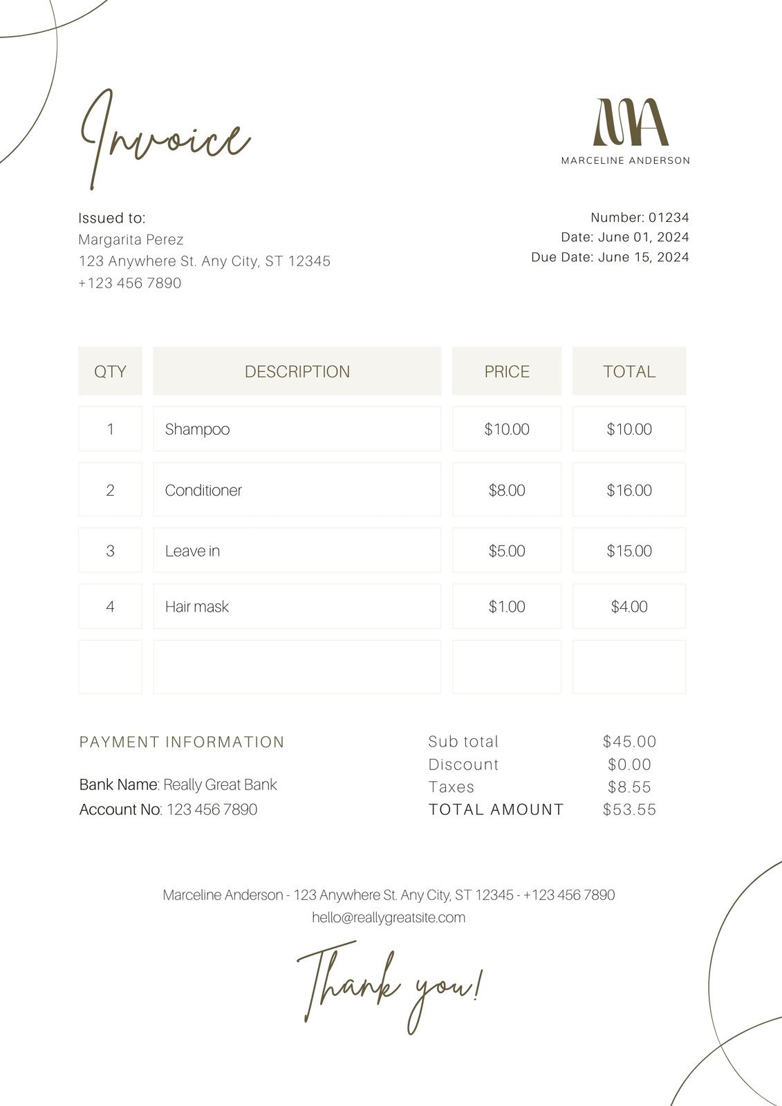 White and Green Minimalist Beauty Business Invoice