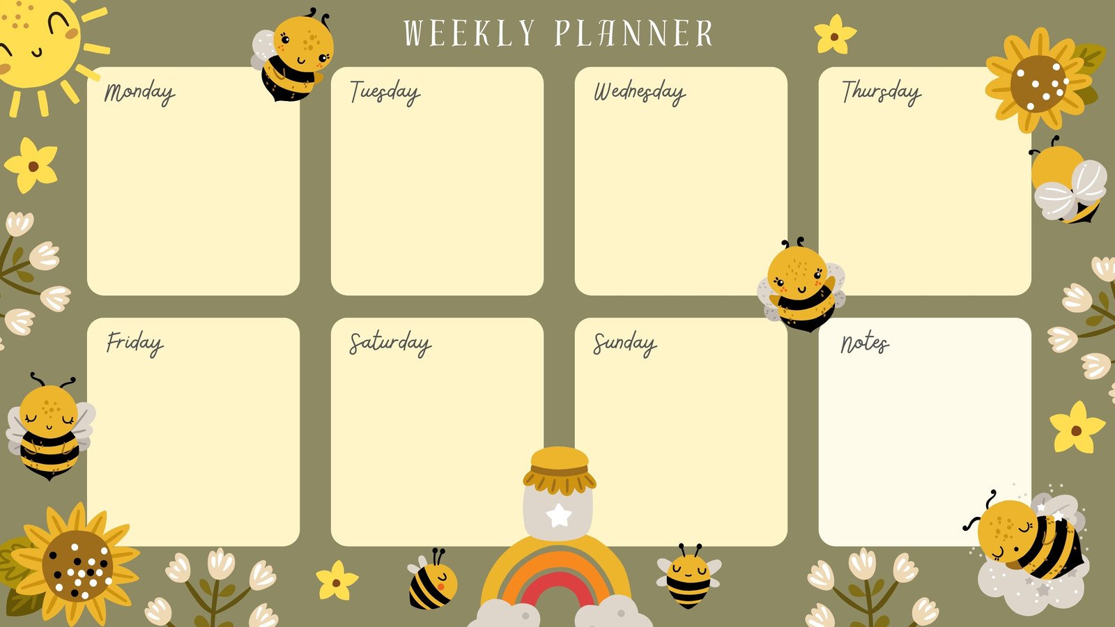 Yellow Olive Kawaii Illustration Honey Bees Printable Weekly Planner Calendar