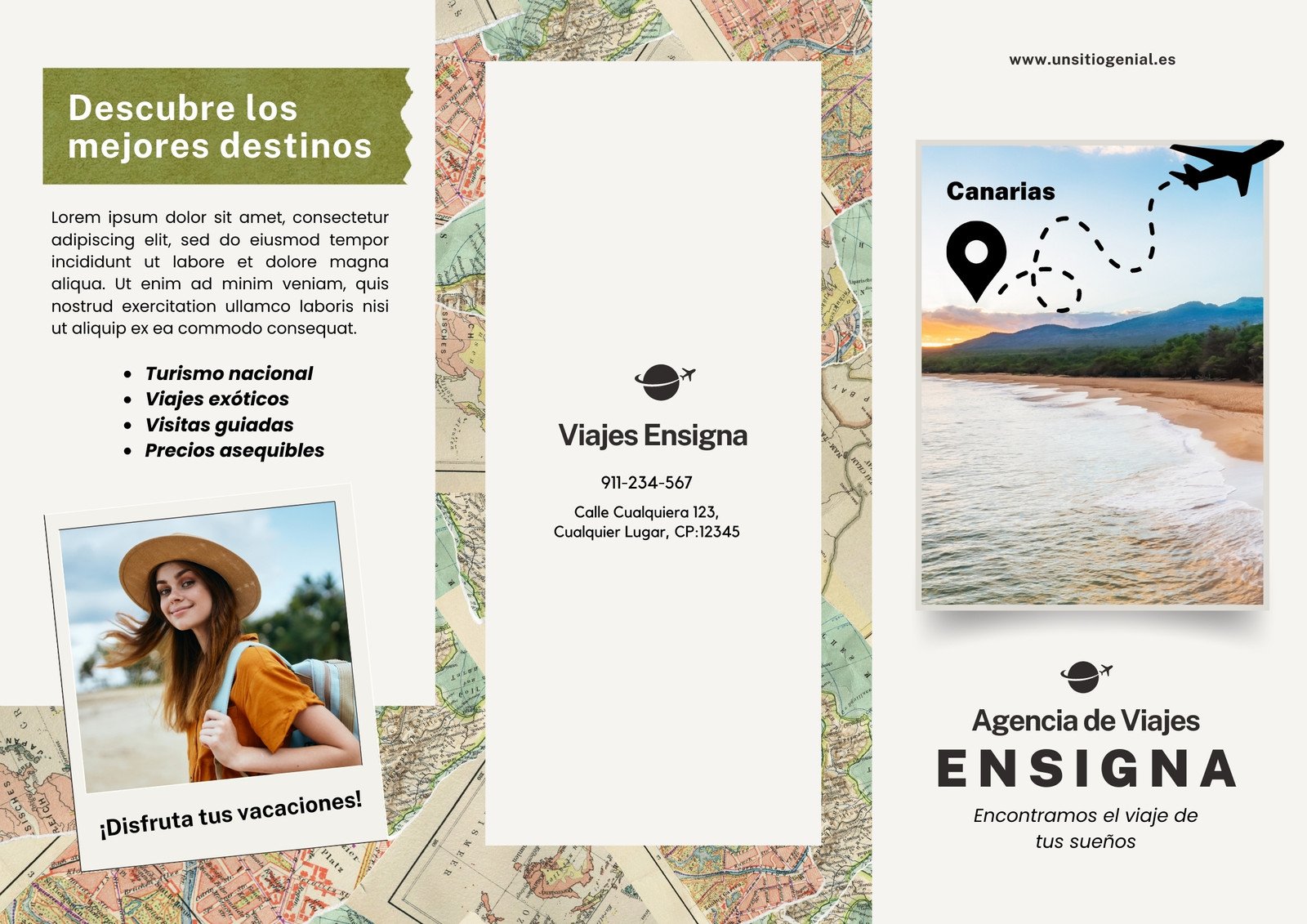 Folleto Tríptico Agencia de Viajes Vacaciones de Verano Scrapbook Informativo Blanco y Verde