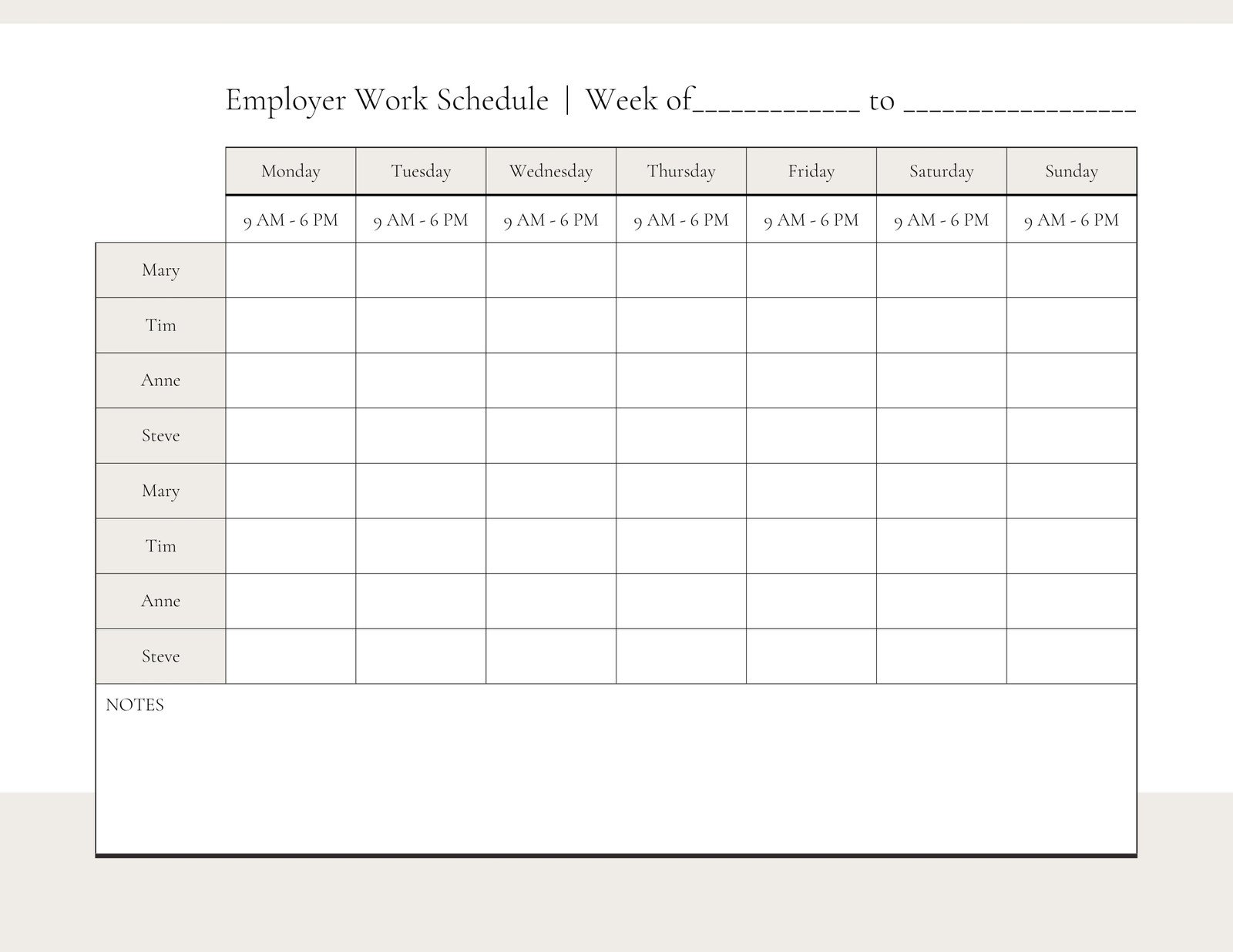 Beige and White Minimalist Employer Work Schedule Planner US Letter Landscape Document